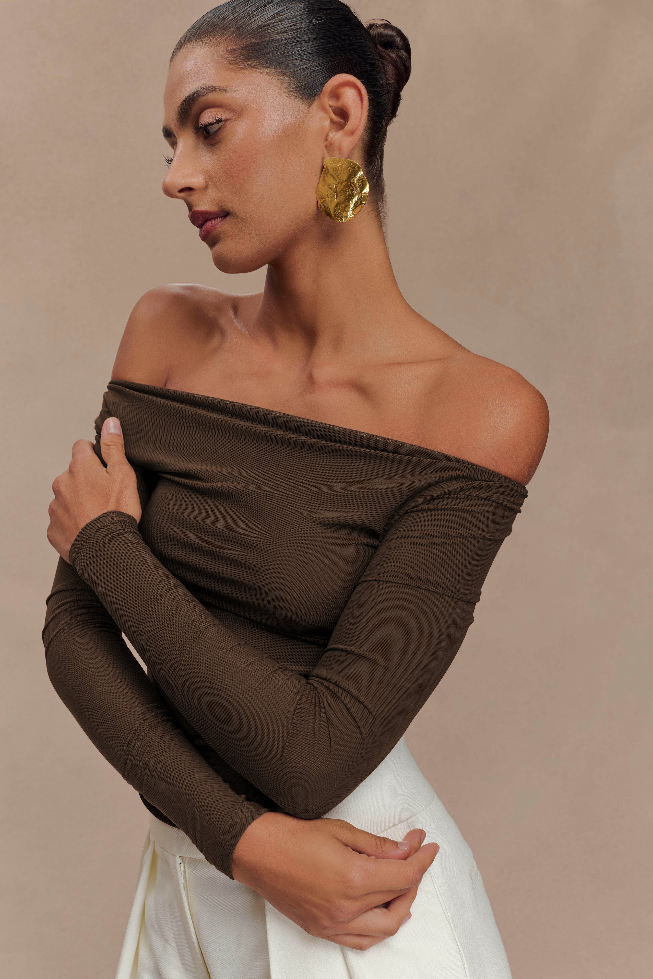 Colette Boat Neck Mesh Top - Dark Chocolate、mySite、solidvoid