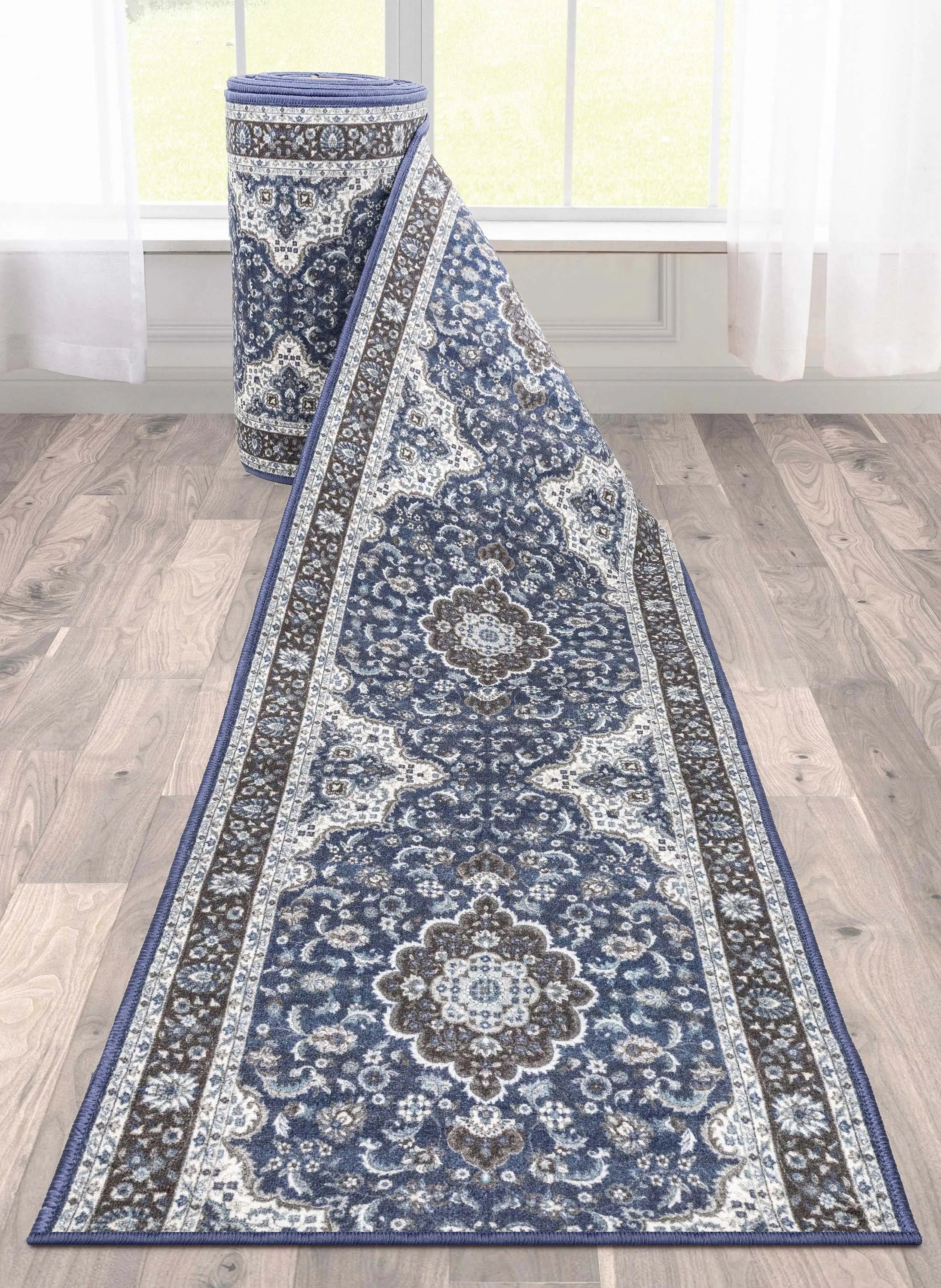 Custom Size Runner Gene Medallion Persian Blue Select Your Width x Choose Your Length Machine Washable Hallway Runner Rug、mySite、gigharbornorthrealestate