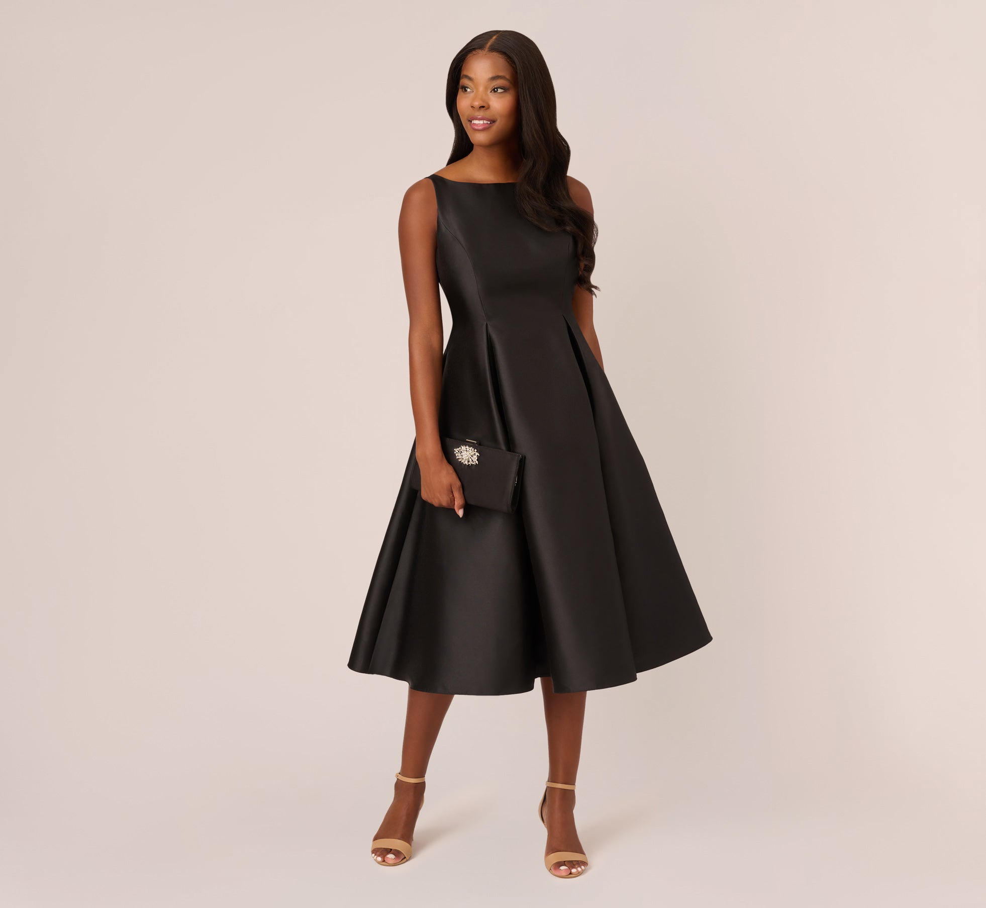Sleeveless Mikado Fit And Flare Midi Dress With V-Back In Black、mySite、solidvoid