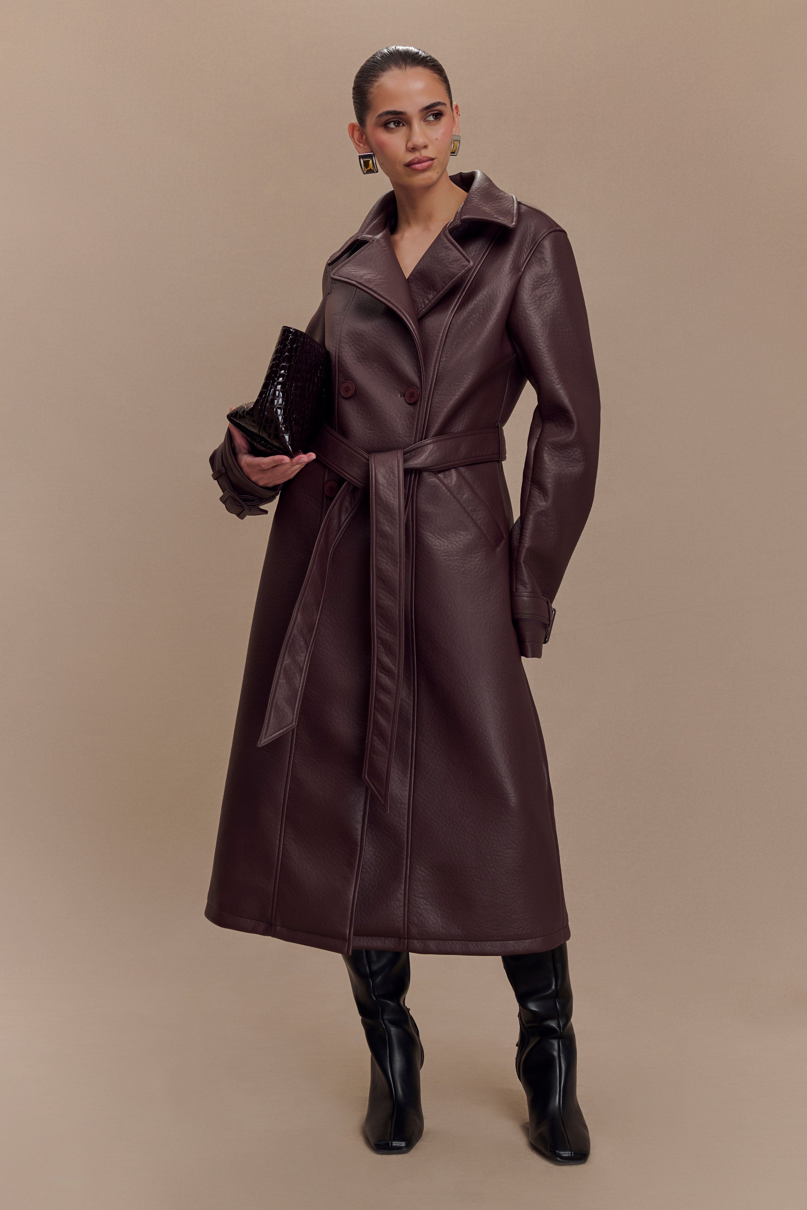 Tarah Faux Leather Trench Coat - Cacao Brown、mySite、solidvoid