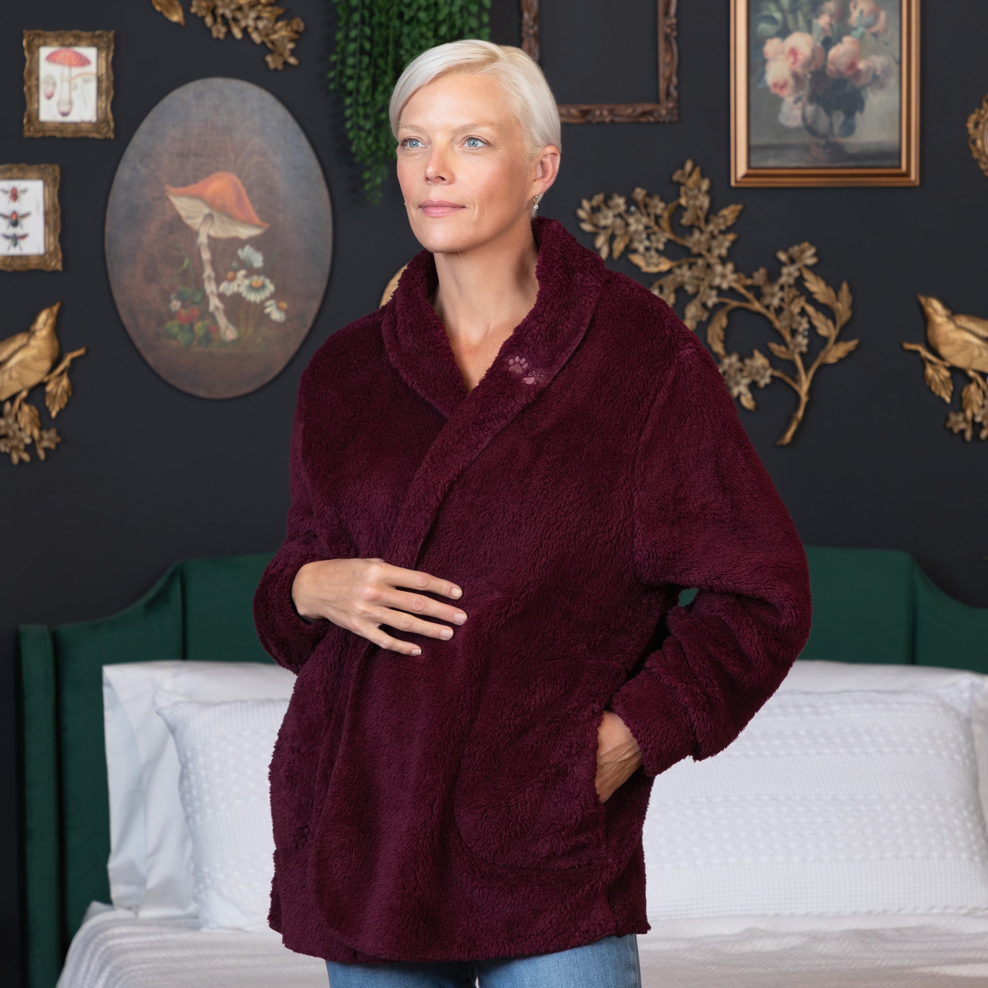 Paw Print Plush Sherpa Fleece Open Jacket with Pockets、mySite、camillekostekn