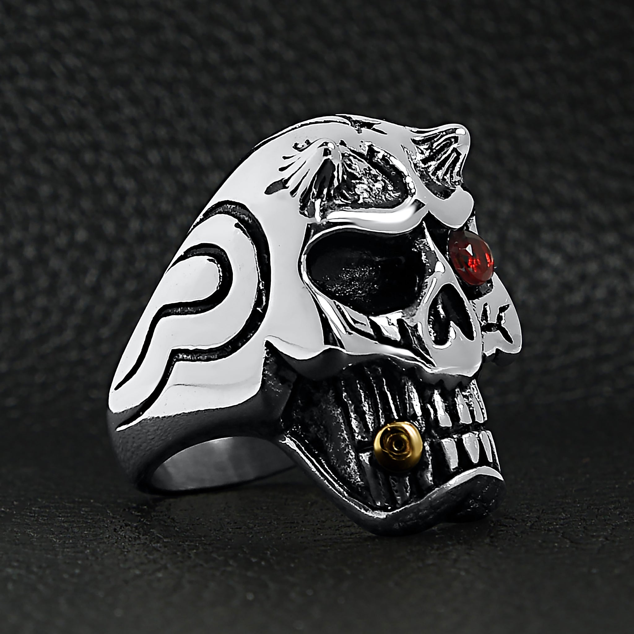 Stainless Steel Devil Skull With Red CZ Eye Smoking 18K Gold PVD Coated Cigar Ring / SCR4084、mySite、dreamappss
