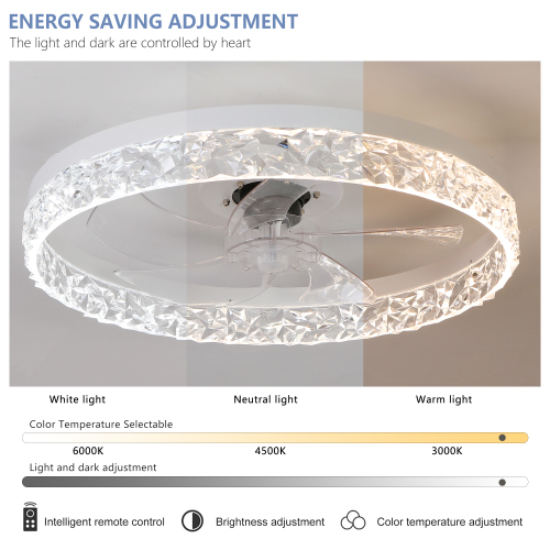 Modern Acrylic Ceiling Fan Light with Remote Control, Dimmable LED Chandelier, 6-Speed Adjustable, Quiet Motor, Flush Mount Design for Living Room, Bedroom, Dining Room、、eastwooduniform