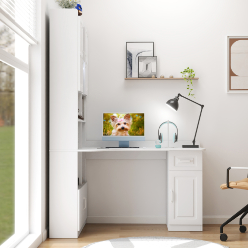 Home Office Computer Desk with Hutch, Antiqued White finish、、casual