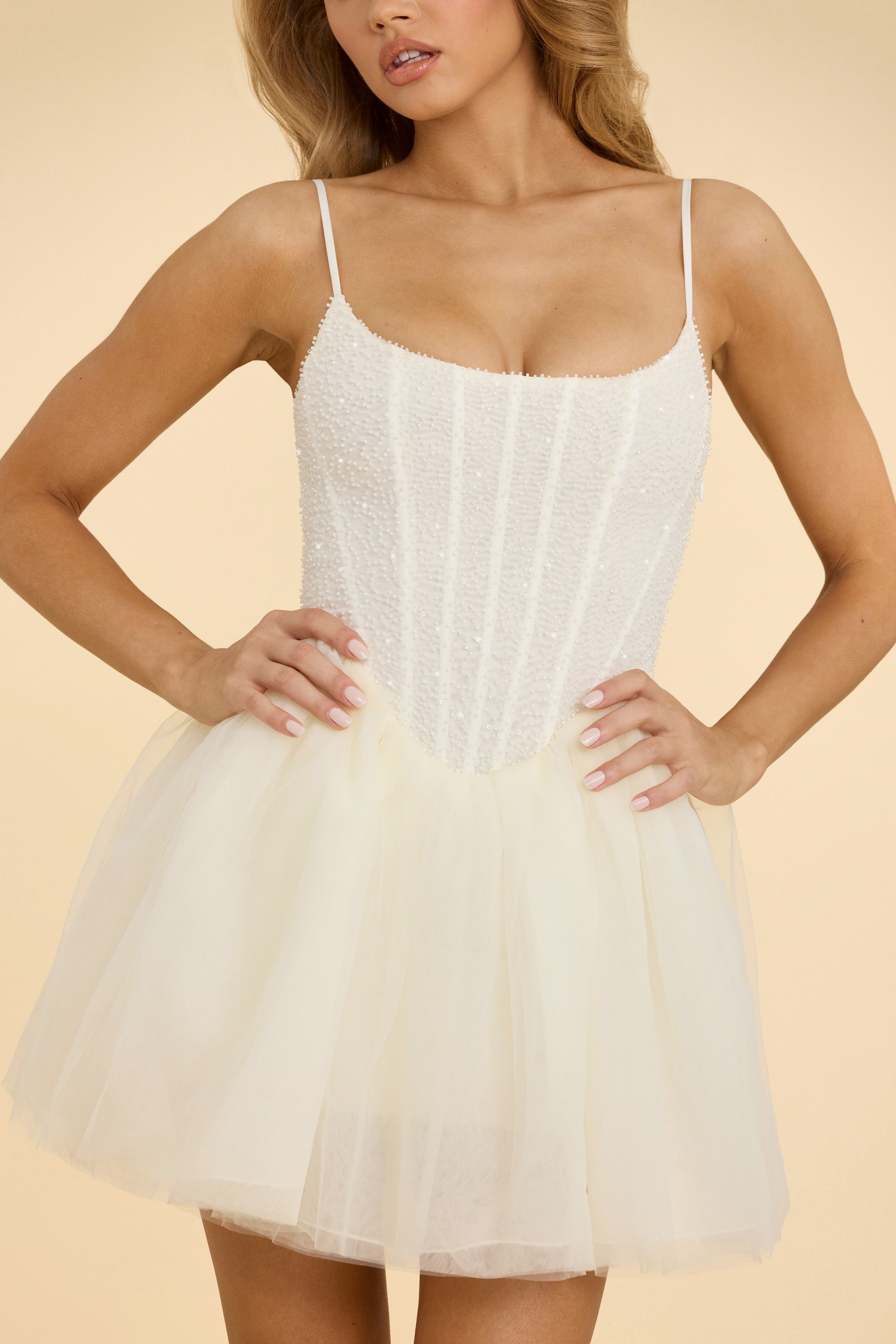 Embellished Corset Tulle Skirt Mini Dress in White、mySite、solidvoid