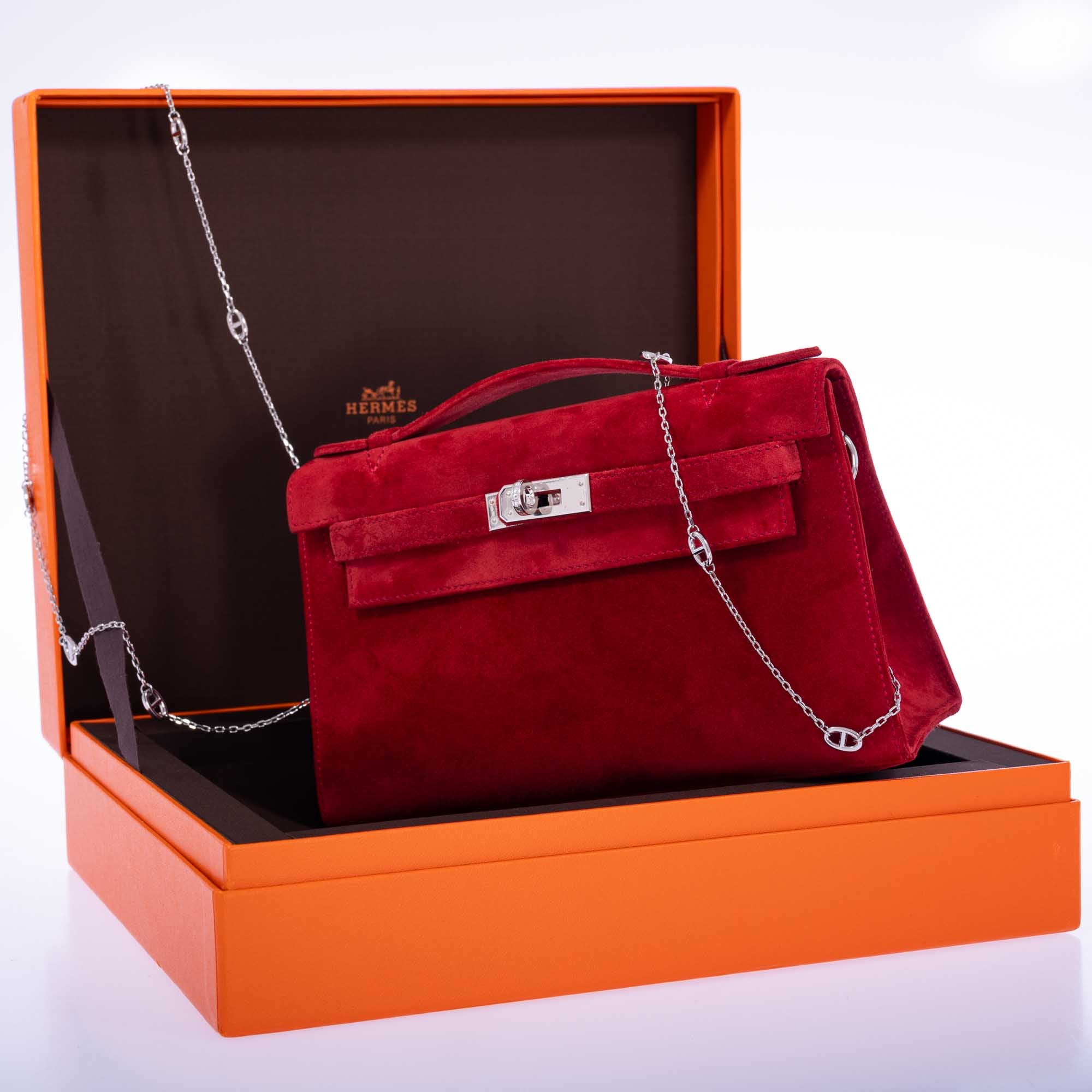 Hermès Exceptional Collection Rubis Veau Doblis Suede Diamond Kelly Pochette with 18k White Gold & Diamond Hardware、mySite、garminoutage.com