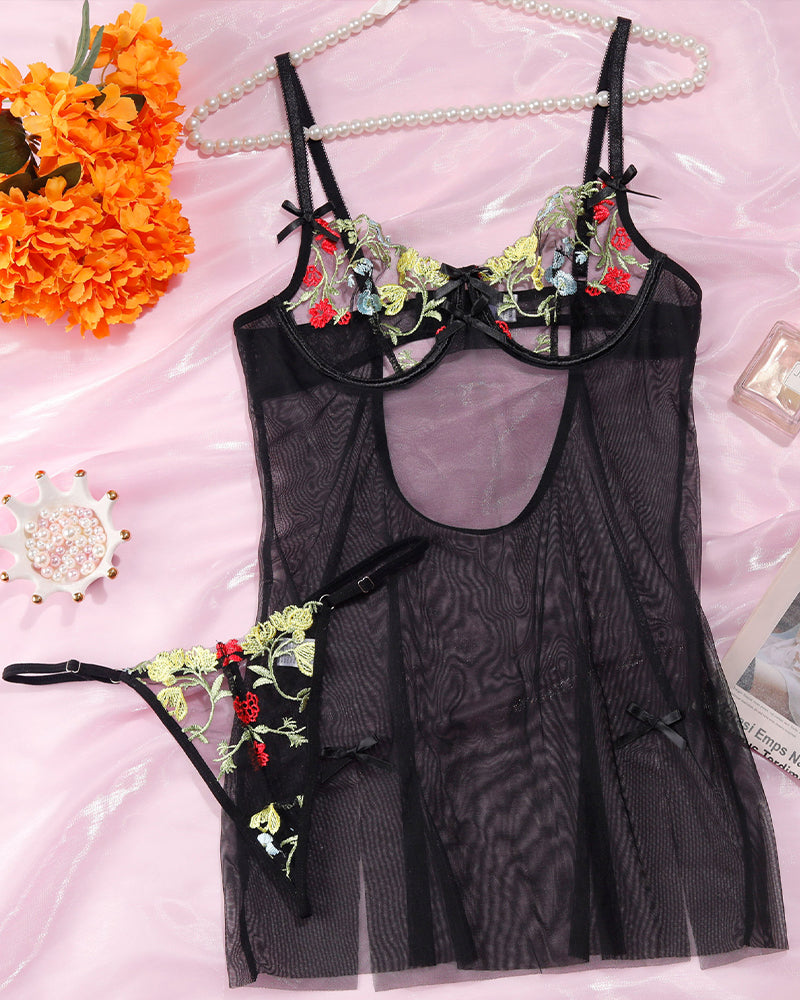 Flower Embroidered Gathered Transparent Nightdress、mySite、bengalsvssteelers