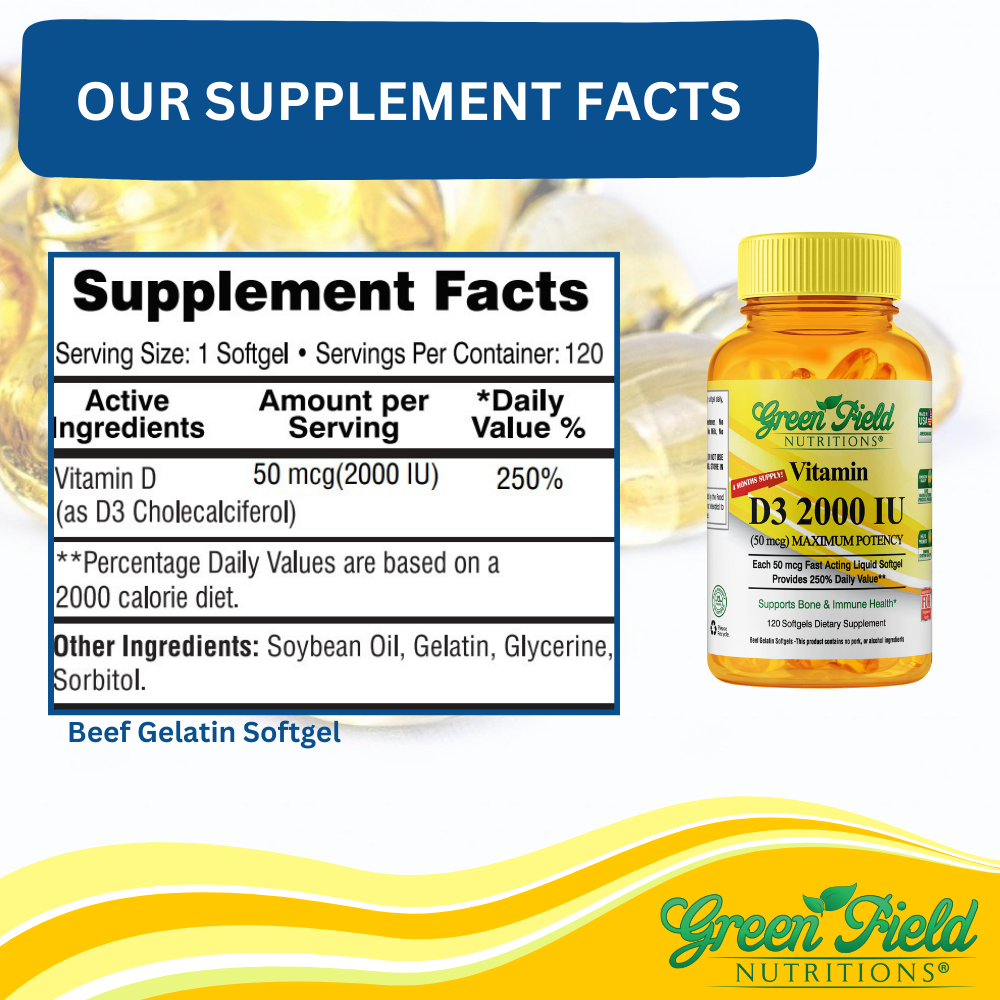 Greenfield Nutritions - Halal vitamins D3 2000 IU - Immunity and Bone Supports - 120 Softgels - Halal Beef Gelatin、mySite、topwebapps