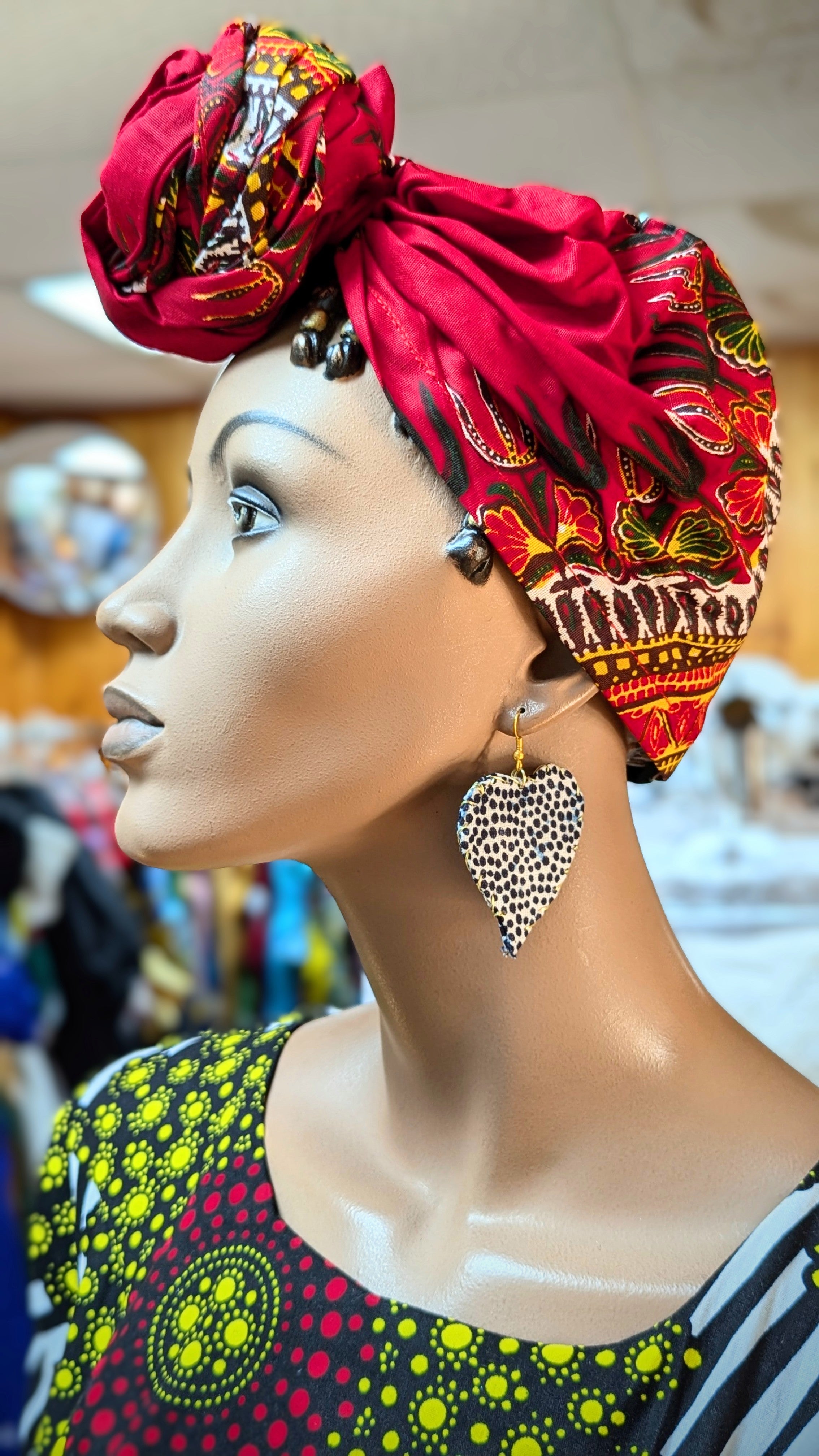 Dupsie's Zuriya Red Cotton Dashiki Print Pre-tied Head Wrap Hat DP3975PT7、mySite、solidvoid