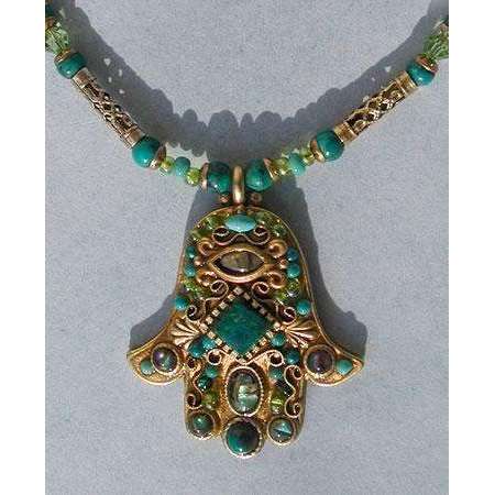 Michal Golan Chrysocolla, Chinese Turquise, Abalone and Glass Beads Hamsa Necklace、mySite、topwebapps