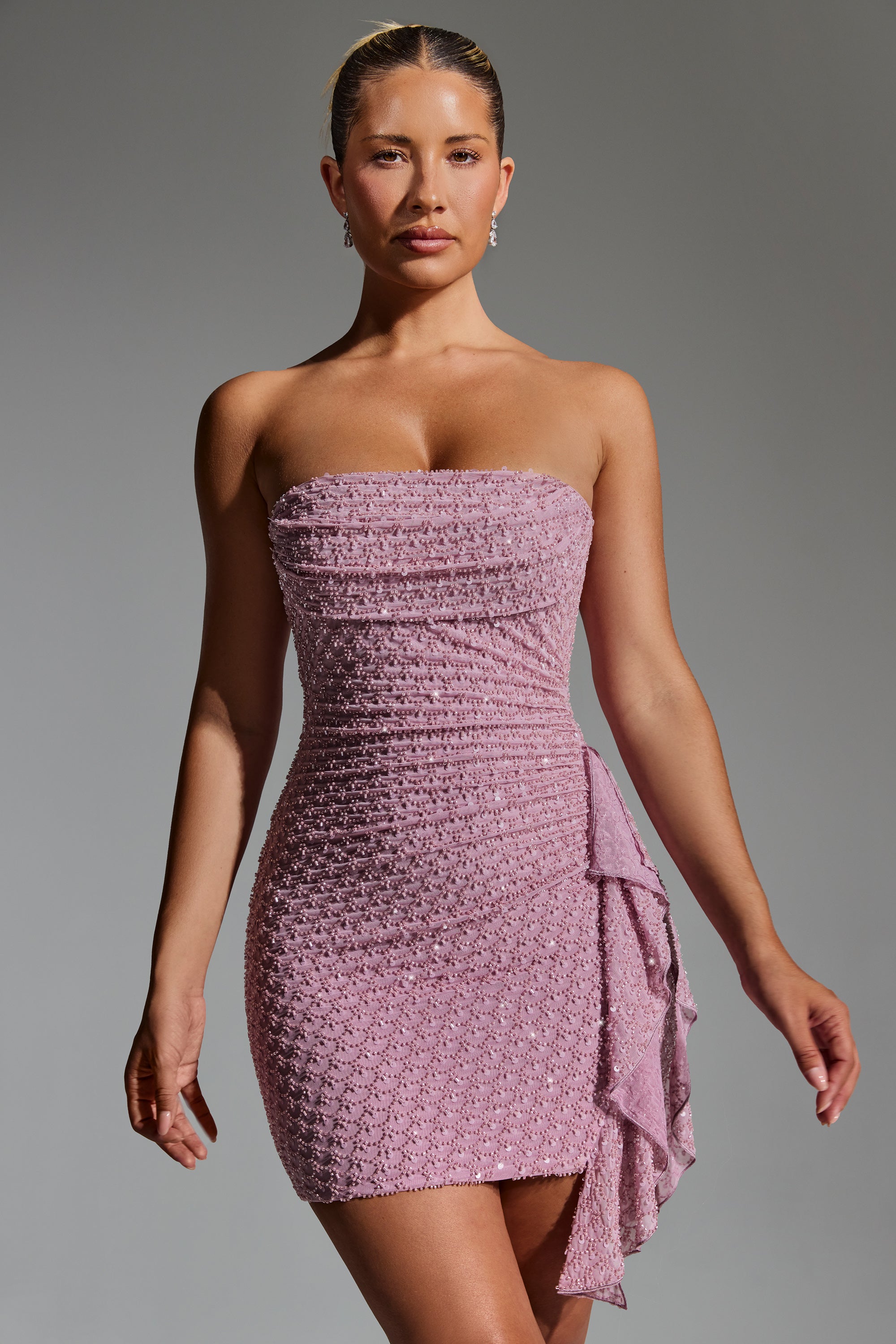 Embellished Ruffled Cowl-Neck Bandeau Mini Dress in Mauve、mySite、solidvoid