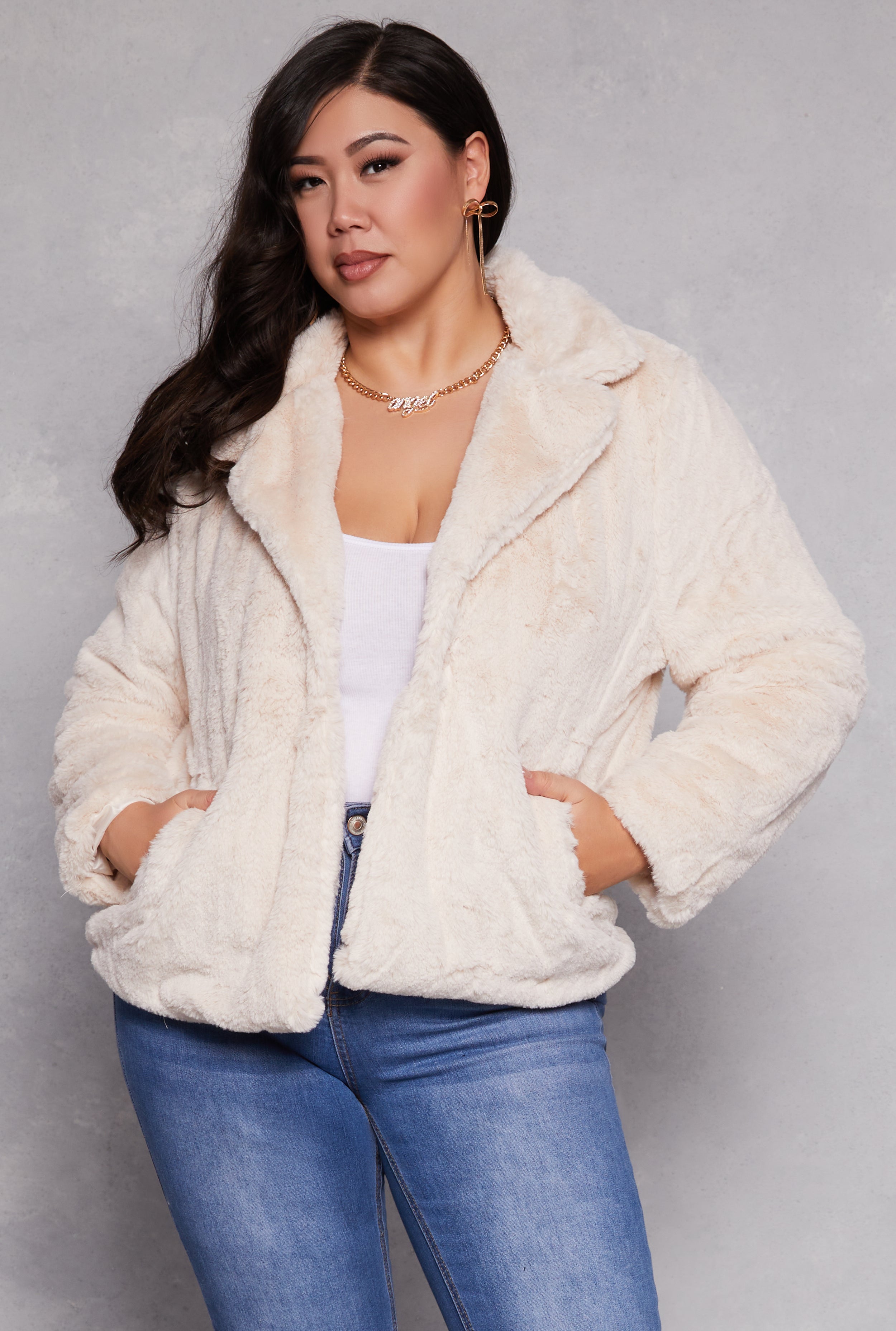 Plus Size Snap Button Faux Fur Jacket、mySite、camillekostekn