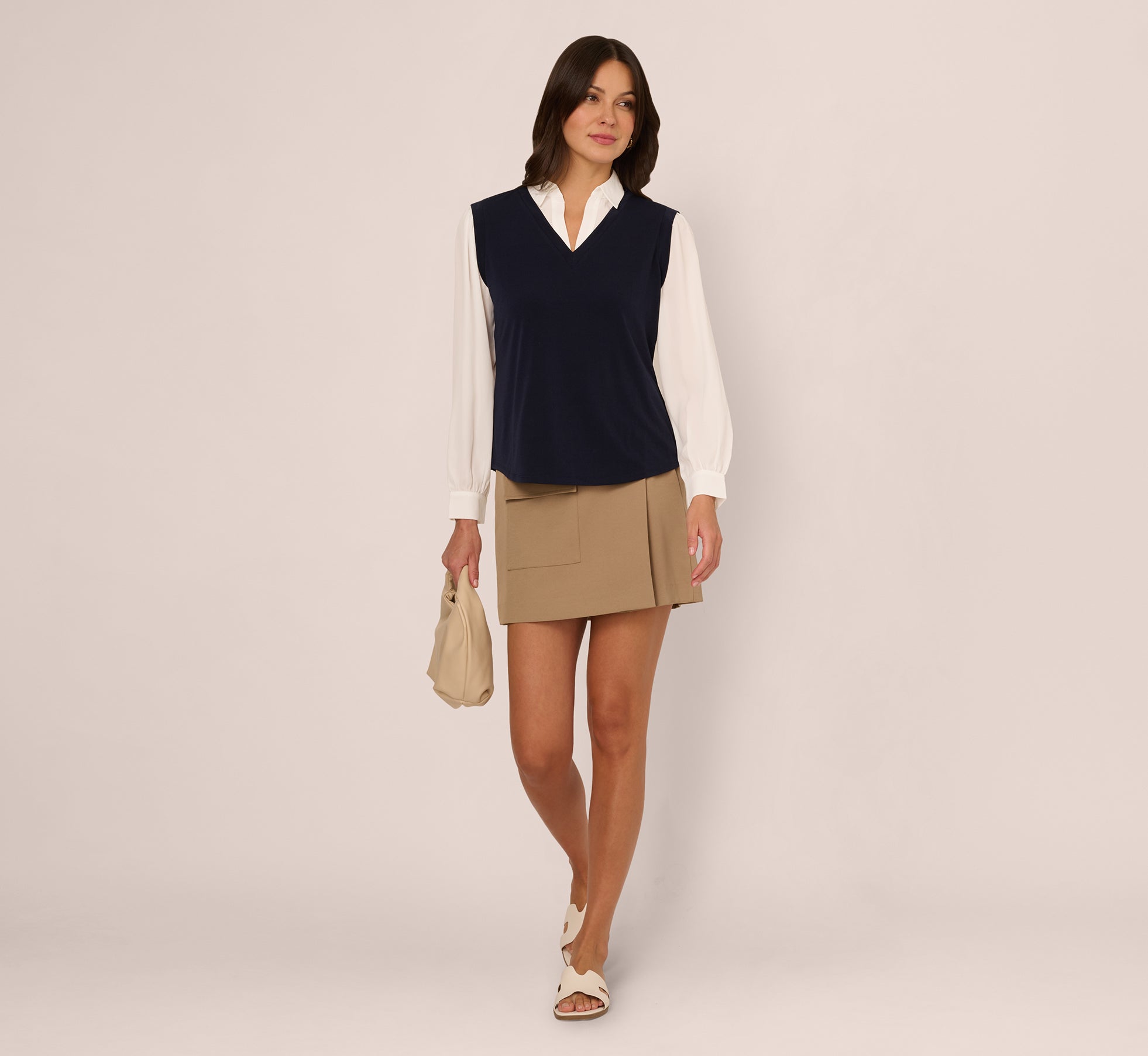 Long Sleeve Collared Sweater Vest Twofer Top In Navy Ivory、mySite、solidvoid