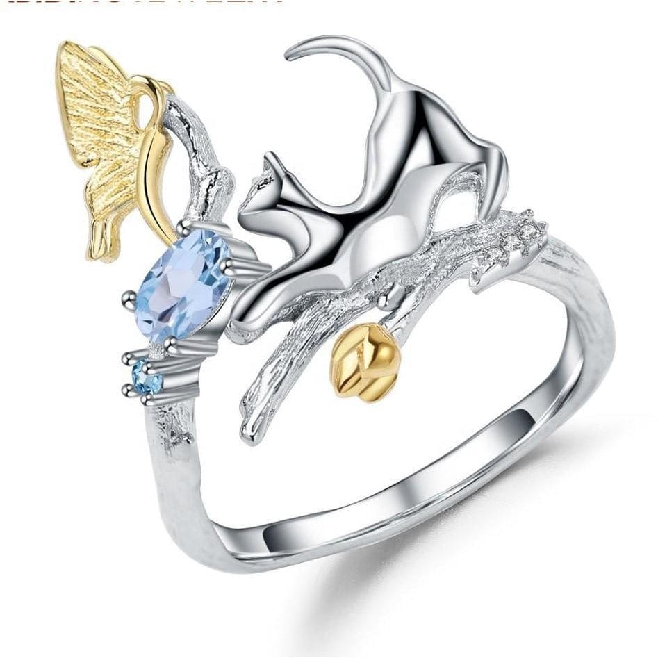 Cat and Butterfly Fine Sterling Silver Jewelry, Genuine Gemstone-Necklace, Earrings, Ring or SET、mySite、g9winljtr