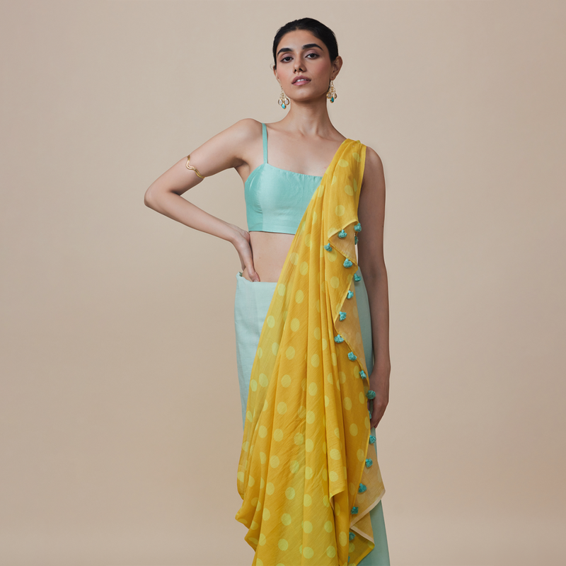 Linen Solid Saree with Blouse | Polka Dots | Aqua Blue & Yellow、mySite、camillekostekn