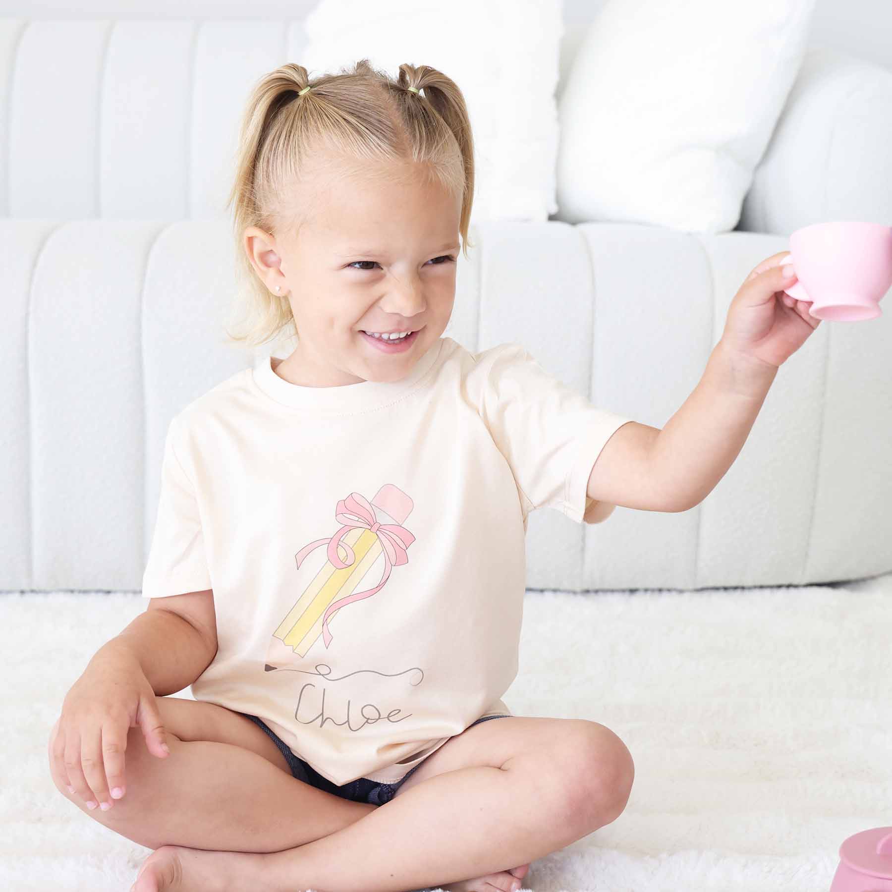 Personalized Pencil Bow Kids Graphic Tee | Natural、mySite、layawaytickets
