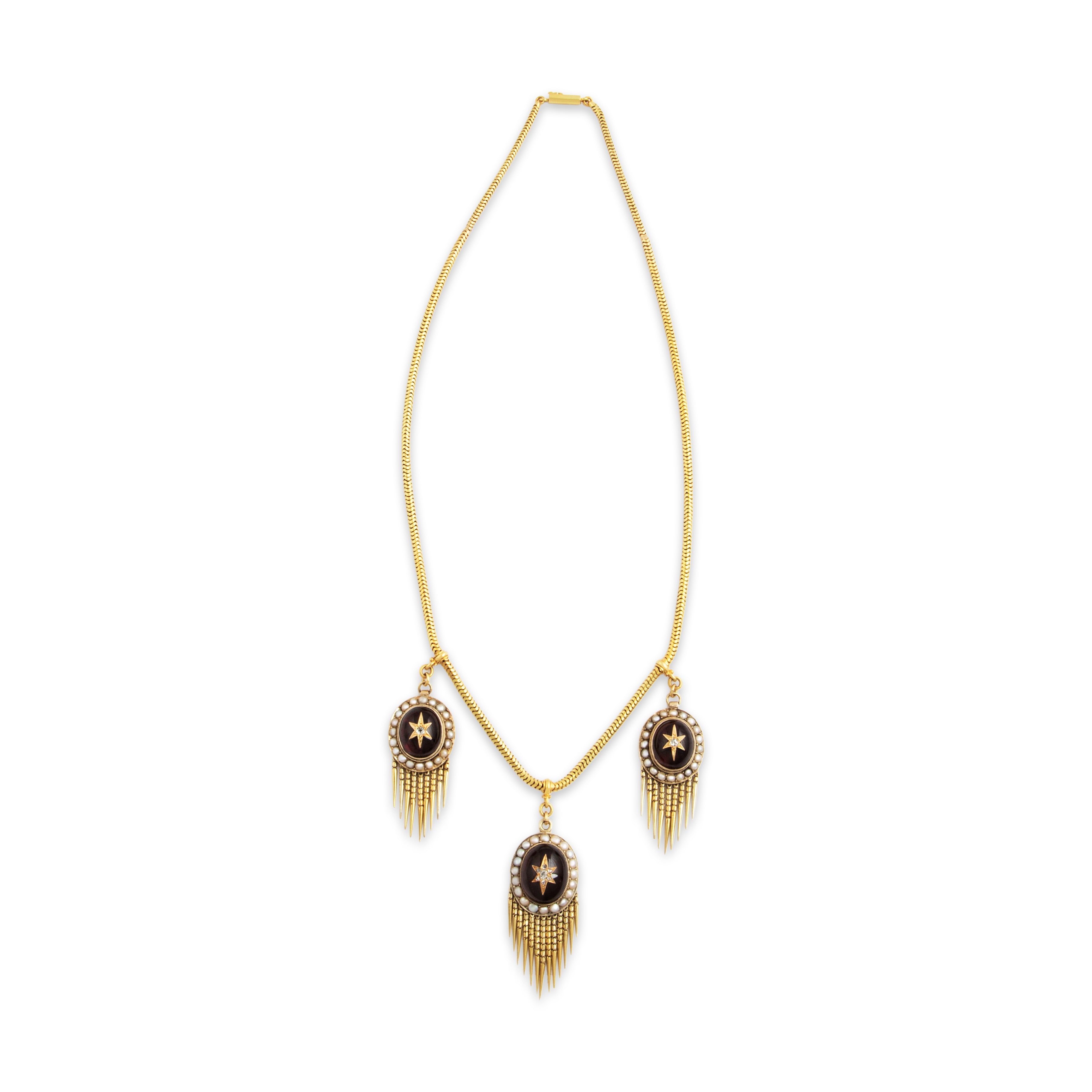 Antique 14k Yellow Gold Garnet Old Mine Diamond Pearl Superb Fringe Necklace 19、mySite、hinf8tx79