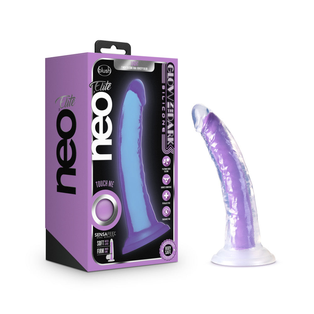 Neo Elite By Blush® | Glow In The Dark Neon Purple: 7.5-Inch Long Dildo - Made with Purio™ Silicone & SensaFeel® Dual Density Realistic Technology、mySite、bottomscart