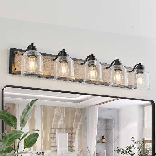 40&quot; Farmhouse Vanity Light Fixture, 5-Light Bathroom Wall Sconce with Clear Seeded Glass Shades, Black and Wood Grain Finish, Modern Industrial Design for Bathroom or Powder Room (No Bulbs)、、eastwooduniform