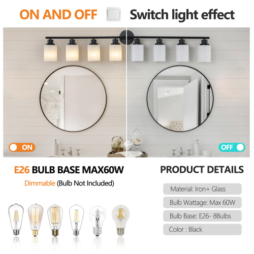 39" Modern 6-Light Vanity Bathroom Mirror Light, Frosted White Glass with Black Iron Frame, Contemporary Wall Sconce for Bedroom, Bathroom, and Dressing Room (No Bulbs)、、eastwooduniform