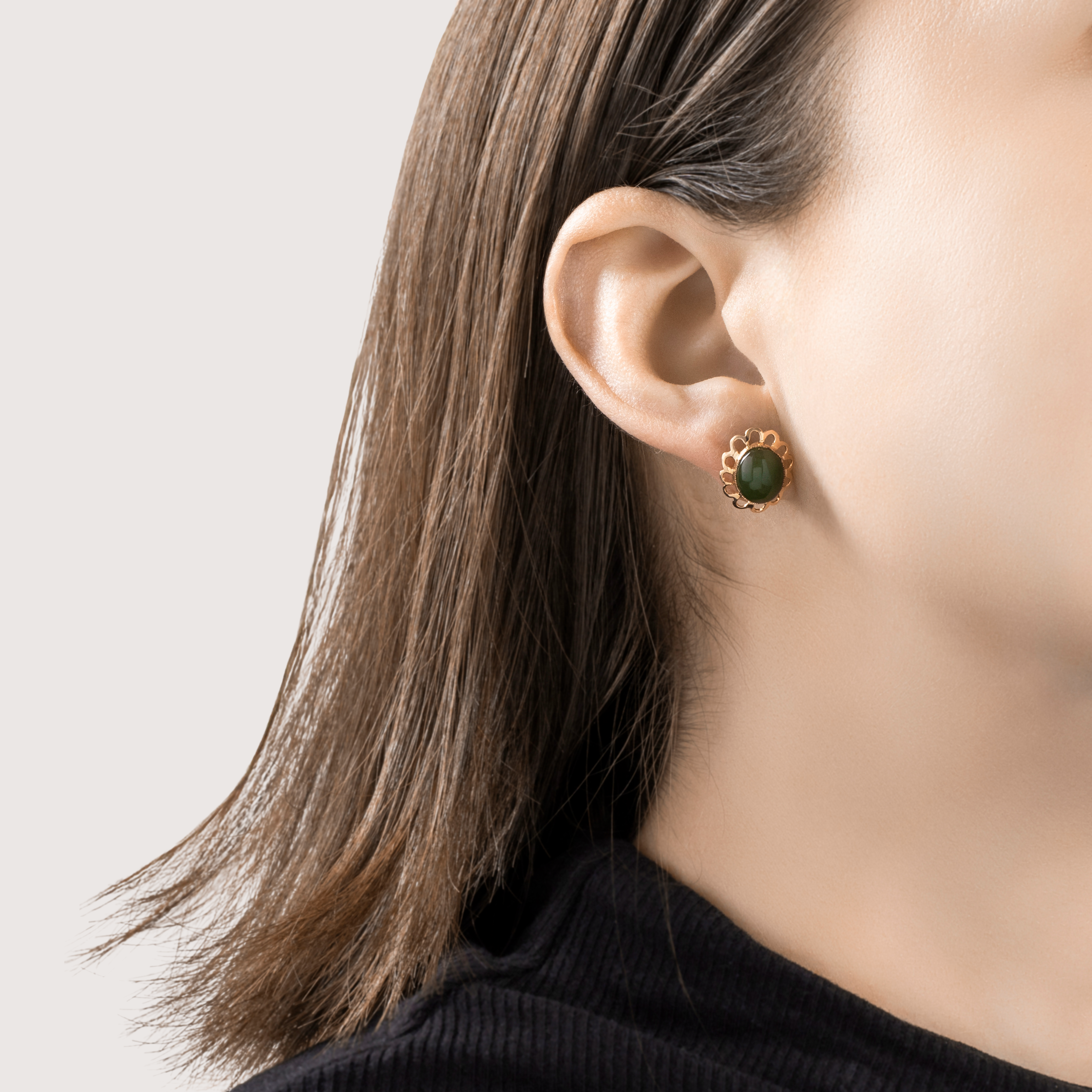 Vintage 10k Yellow Gold 4.4cttw Jade Delicate Border Stud Earrings、mySite、hinf8tx79