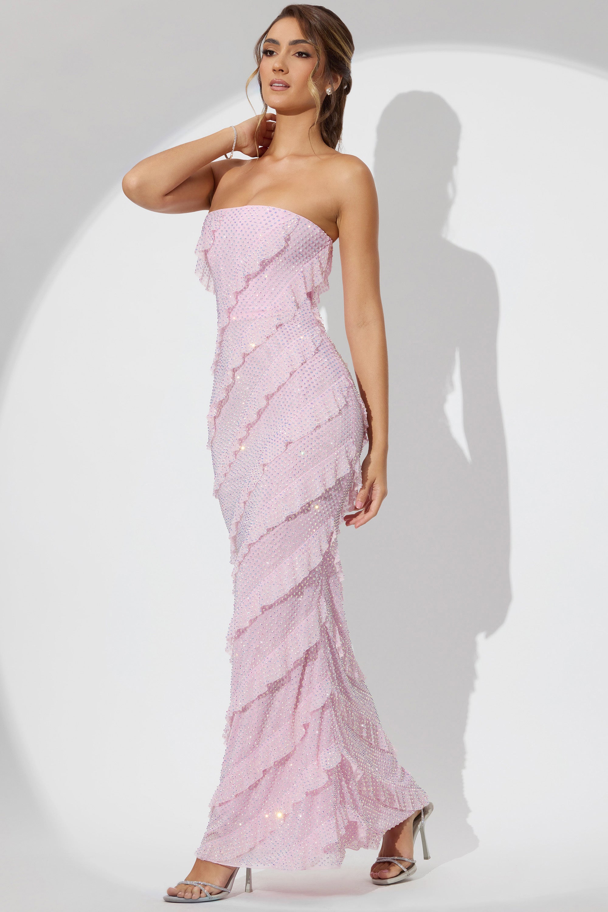 Embellished Strapless Ruffle Maxi Dress in Soft Pink、mySite、solidvoid