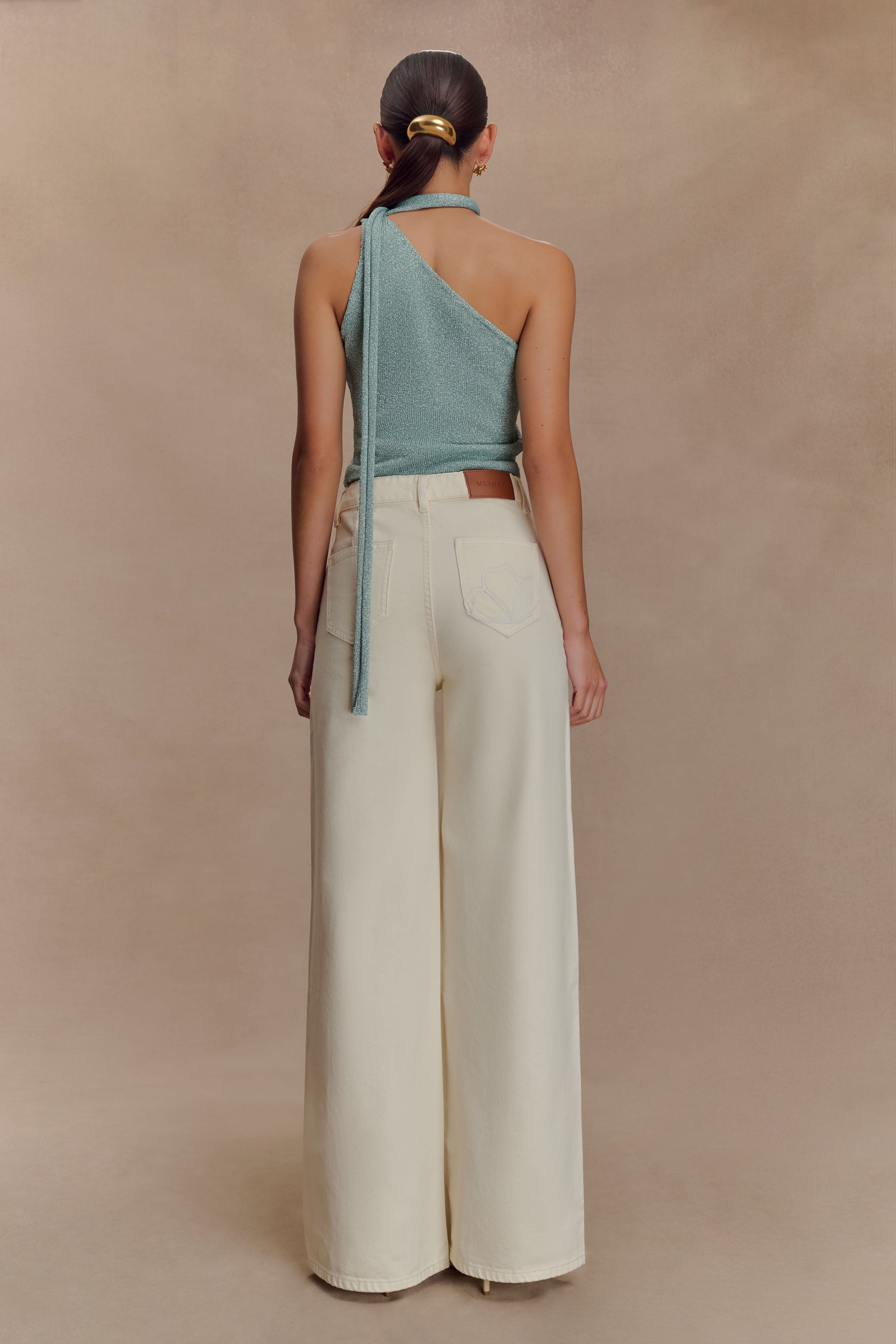 Leone One Shoulder Metallic Knit Top - Aqua、mySite、solidvoid