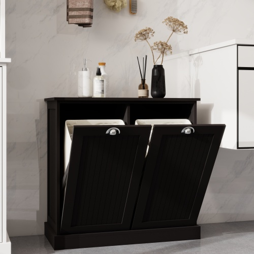 Two-Compartment Tilt-Out Laundry Sorter Cabinet-White、、casual