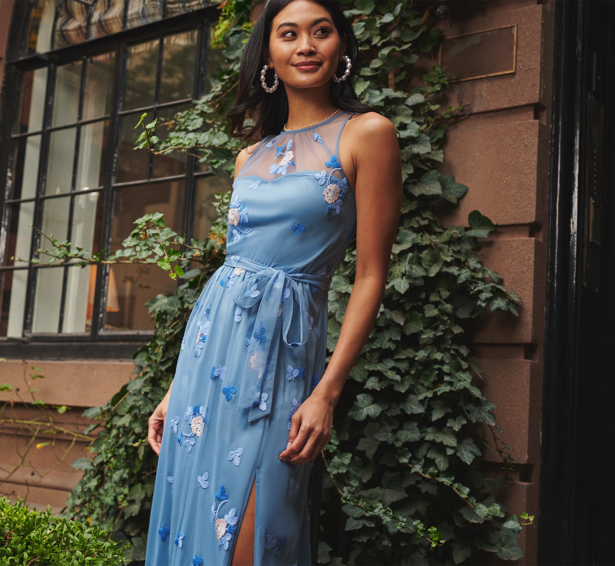 Sleeveless Illusion Embroidered Maxi Dress In French Blue Multi、mySite、solidvoid