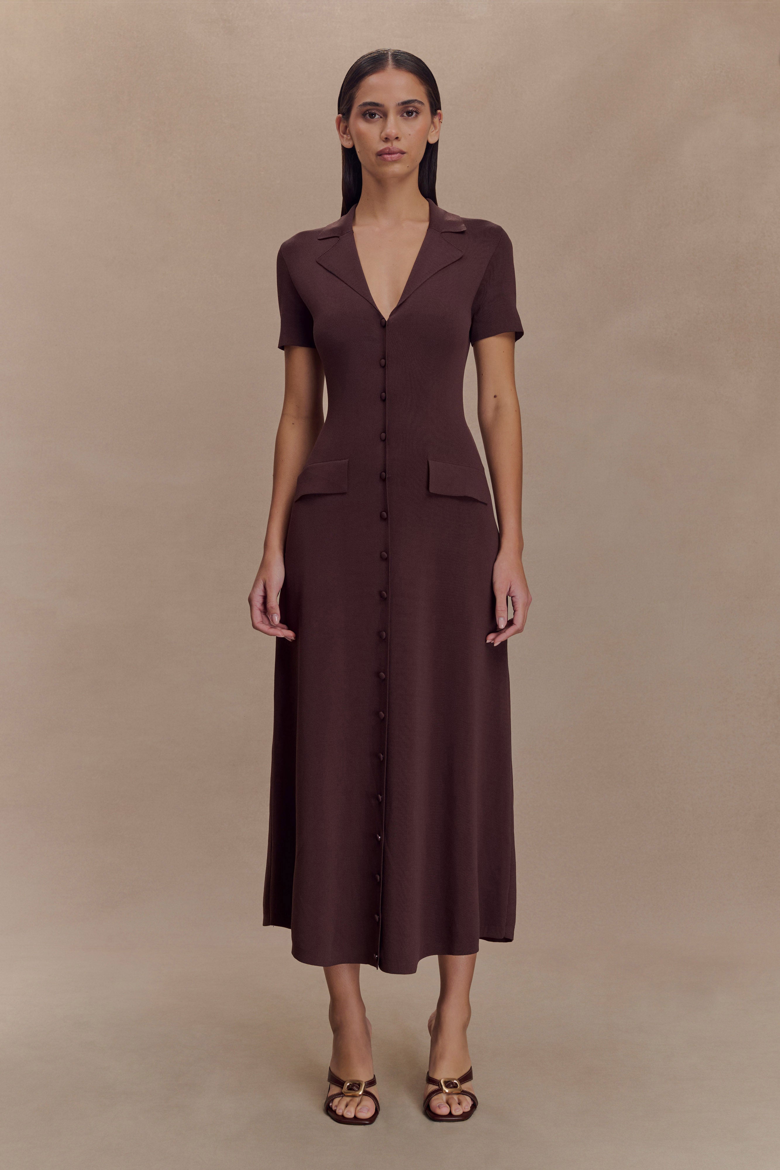 Pearson Short Sleeve Knit Midi Dress - Chocolate、mySite、solidvoid