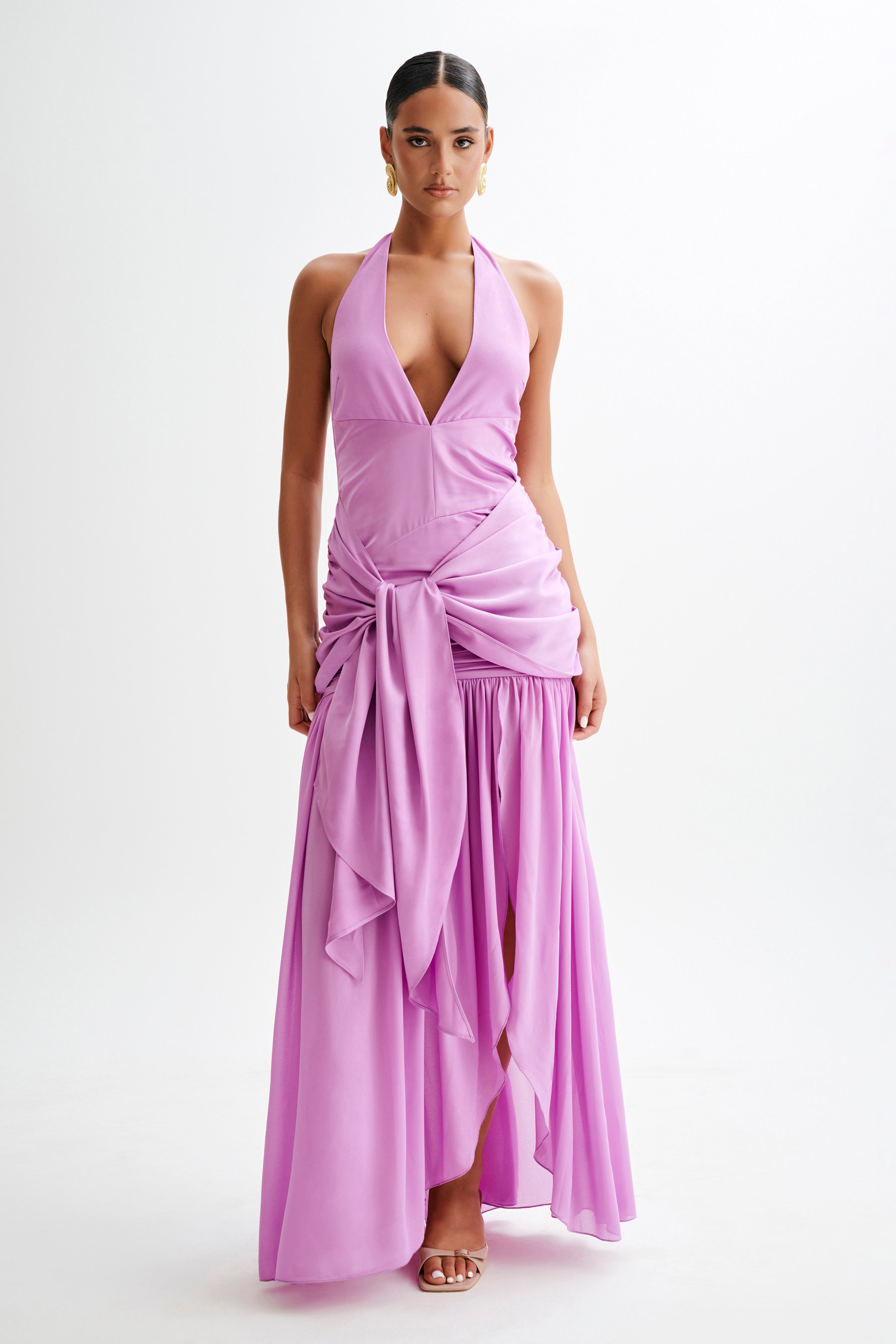 Graziana Satin Chiffon Plunge Maxi Dress - Violet、mySite、solidvoid