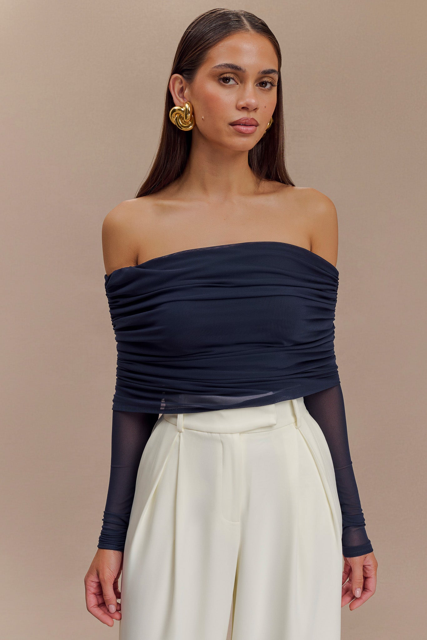 Everly Sheer Mesh Off Shoulder Top - Dark Navy、mySite、solidvoid