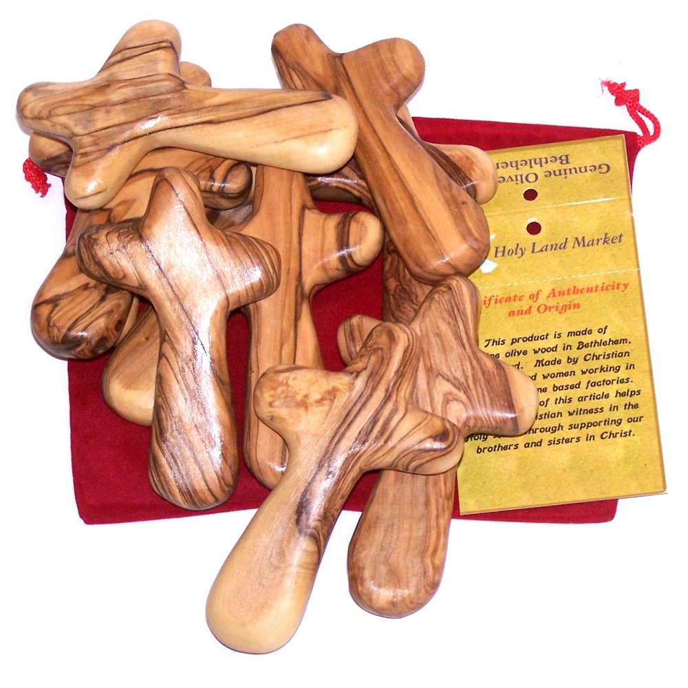  10 Olive Wood Holding Hand Crosses with Red Gift Velvet Bags From Bethlehem、mySite、elrpsem3k