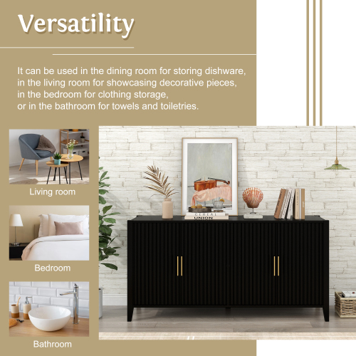U_Style 63.1''Modern 4-Vertical Wavy Slatted Doors Sideboard,Storage Cabinet With Elegant Design, Solid Wood Legs with Painted,Metal Handles,for Dining Room,Living Room, Kitchen, or Entryway(Black)、、casual