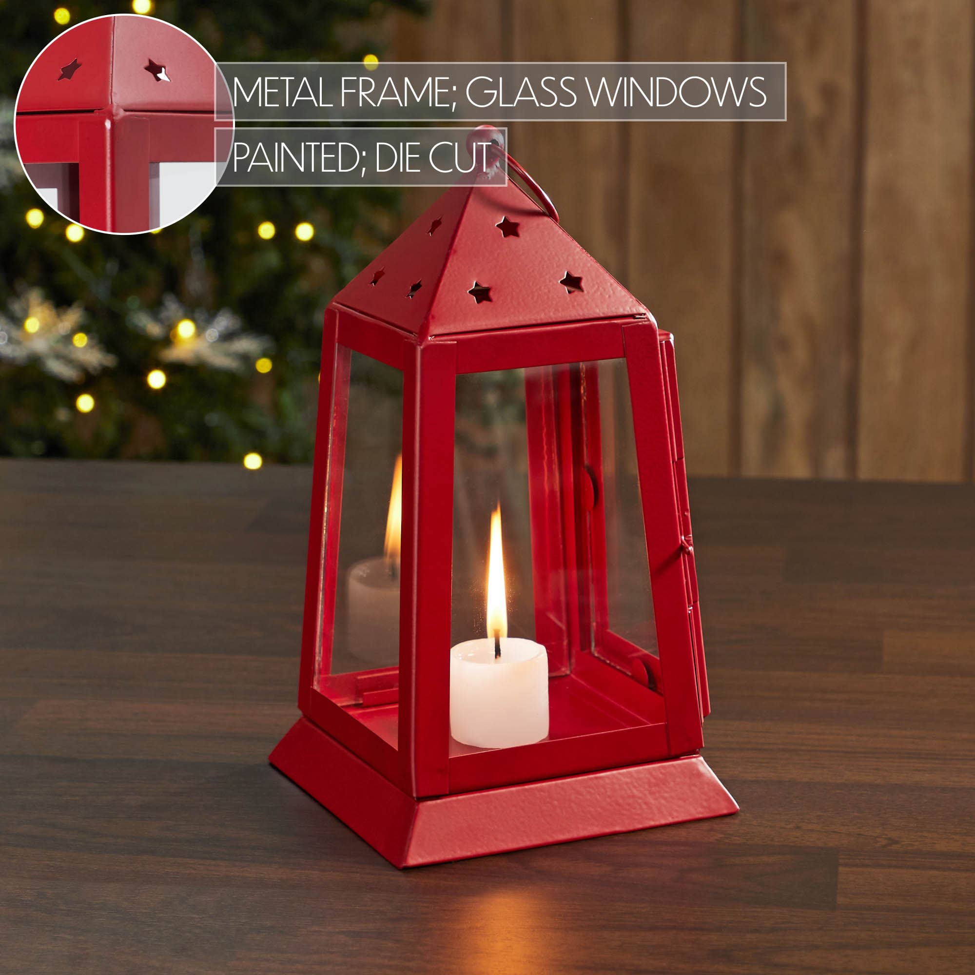 Metal & Glass Farmhouse Lantern Barn Red Tealight Holder 9x5x5、mySite、g9winljtr
