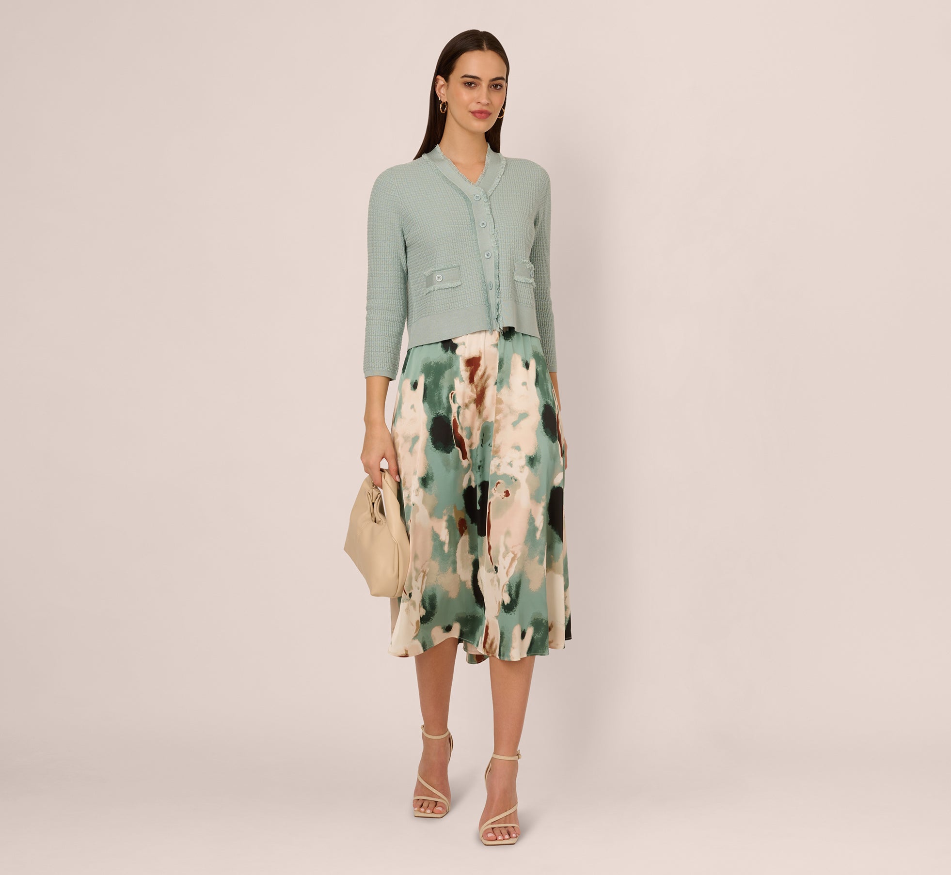 Waffle Knit Cardigan Sweater With Frayed Edges In Dusty Seamist、mySite、solidvoid