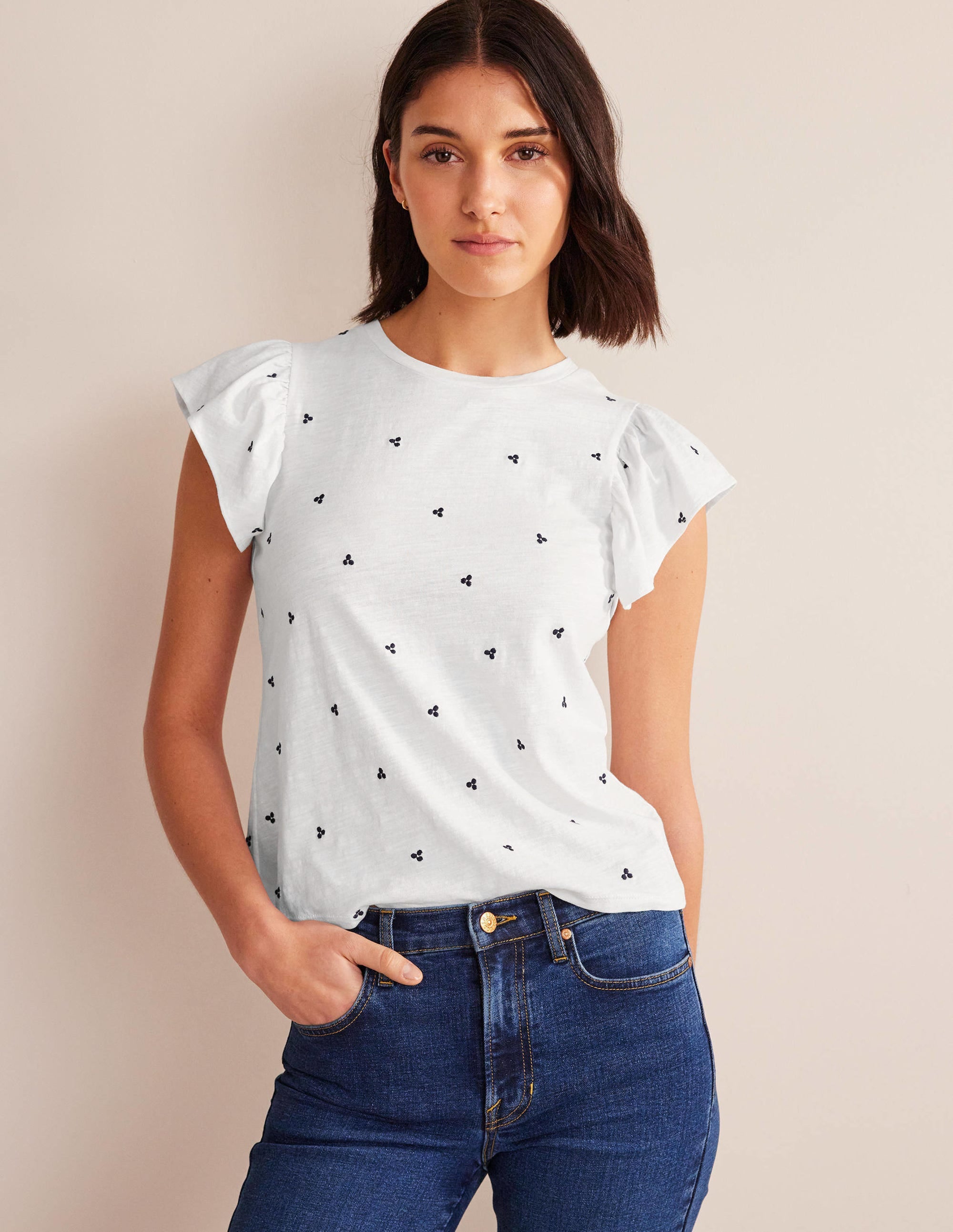  Embroidered Flutter Top-White, Blue Embroidery、mySite、ashleygrahame