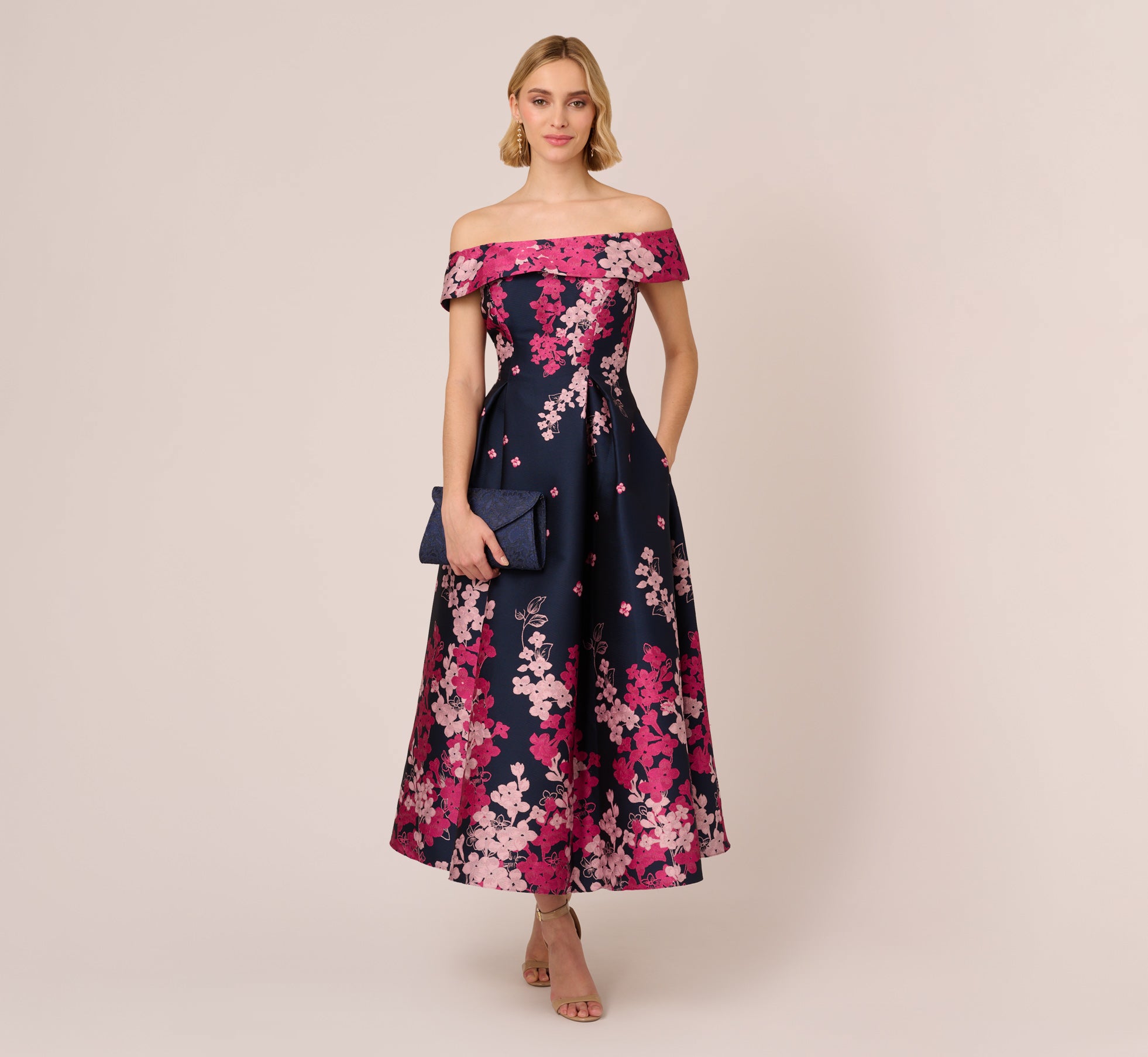 Floral Jacquard Ankle Length Dress With Off The Shoulder Neckline In Navy Pink Multi、mySite、solidvoid