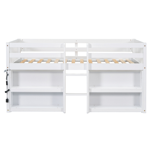 Twin Size Kid Low Loft Bed With Two-Tier Shelves And LED Light For White Color、、xpatfood
