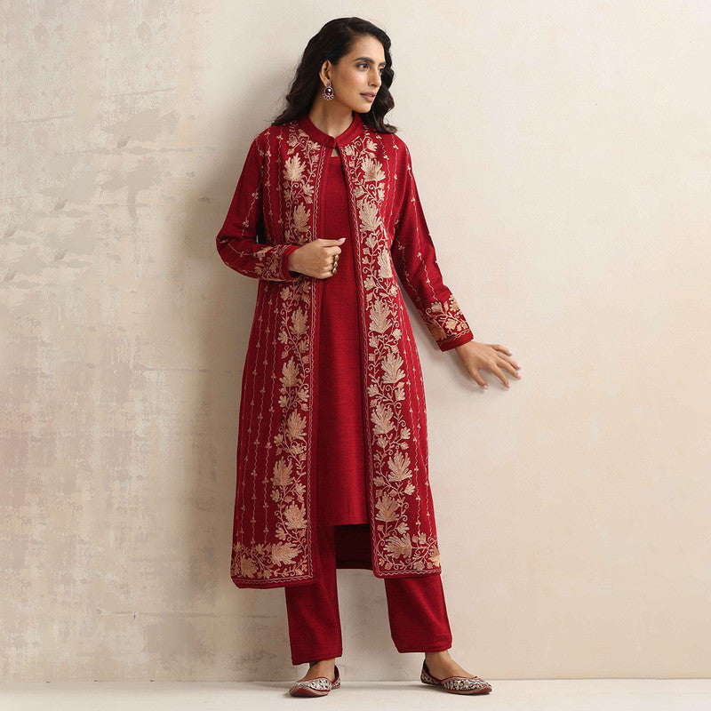 Woolen Kurta Set For Women | Kurta, Pyjama & Jacket | Embroidered | Red、mySite、camillekostekn