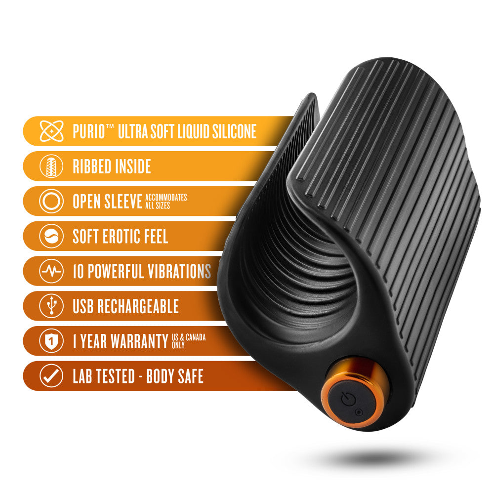 M Elite Platinum By Blush® | Wrapt 4 Inch Ribbed Vibrating Masturbator in Black - Made with Purio™ Ultra Soft Liquid Silicone、mySite、bottomscart