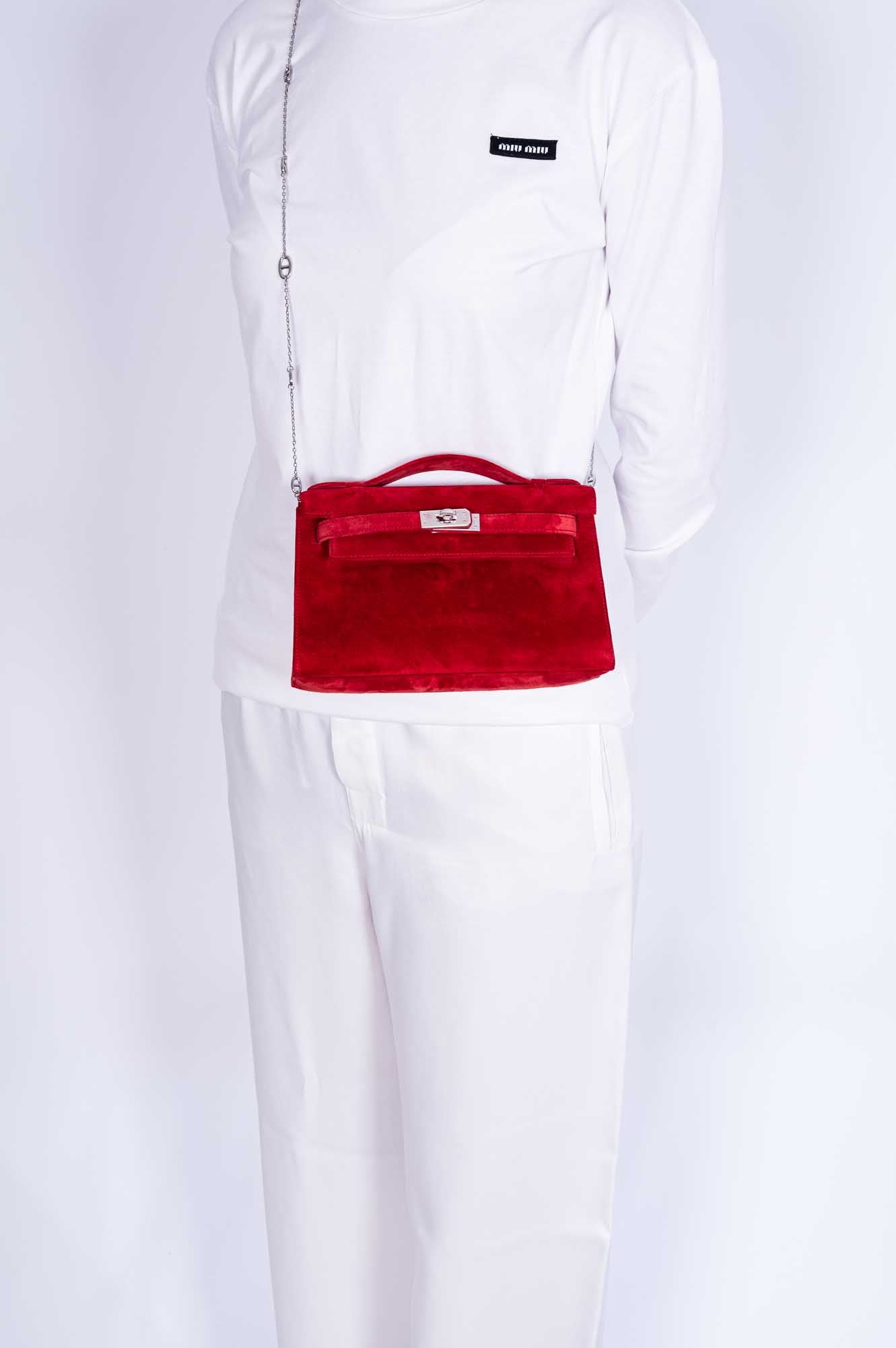 Hermès Exceptional Collection Rubis Veau Doblis Suede Diamond Kelly Pochette with 18k White Gold & Diamond Hardware、mySite、garminoutage.com