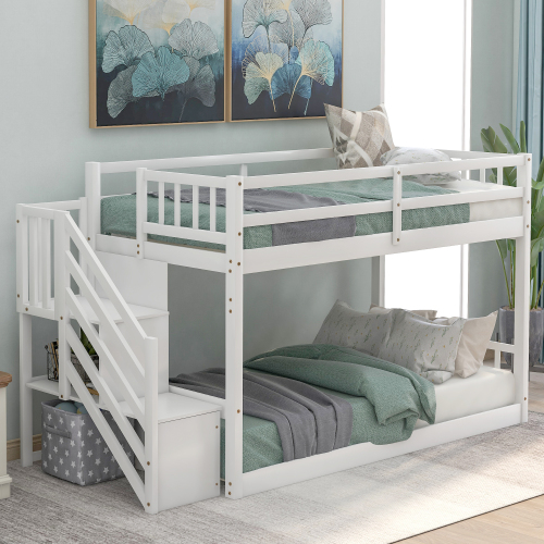 Twin over Twin Floor Bunk Bed, Ladder with Storage, Gray、、casual
