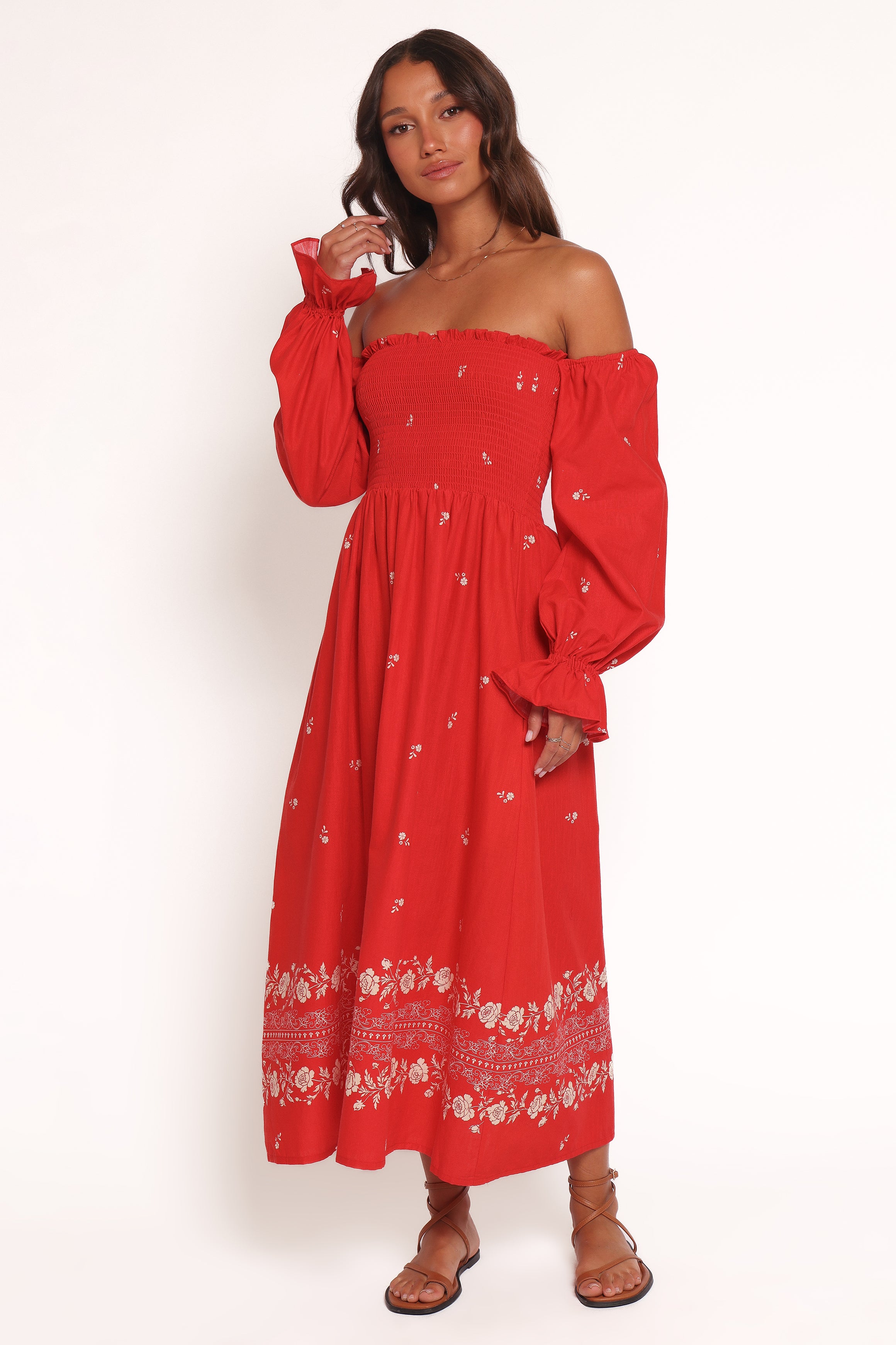  Domenica Shirred Long Sleeve Midi Dress - Red Floral Bandana、mySite、sugarbowlscore