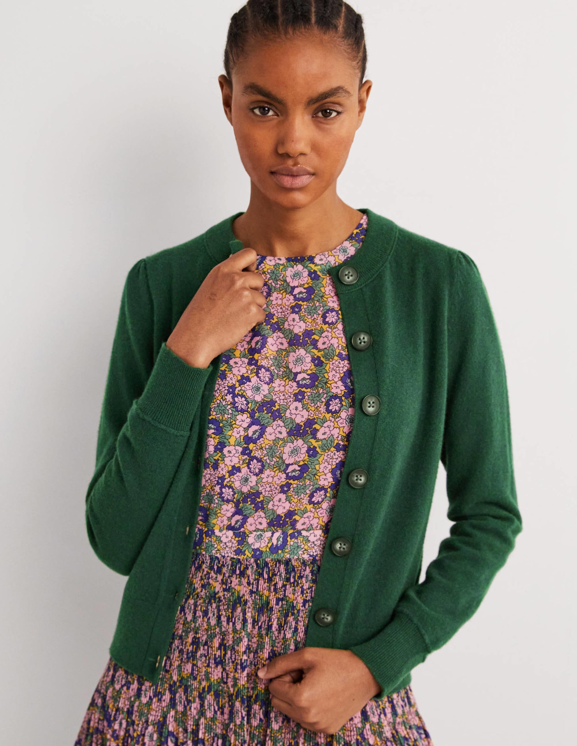  Cashmere Crew Neck Cardigan-Hunter Green Melange、mySite、ashleygrahame