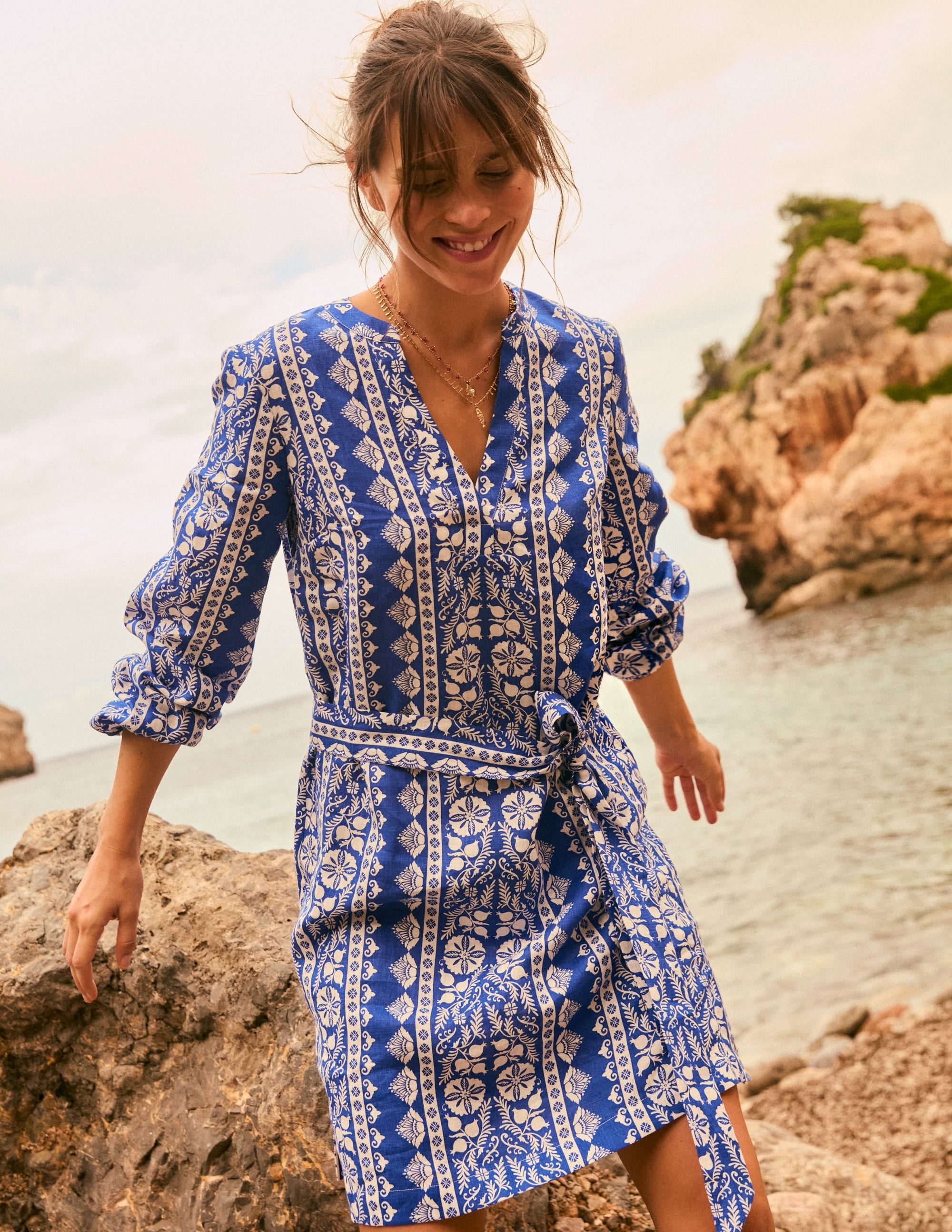  Cleo Tie Waist Linen Dress-Bright Blue, Ornate Stripe、mySite、ashleygrahame