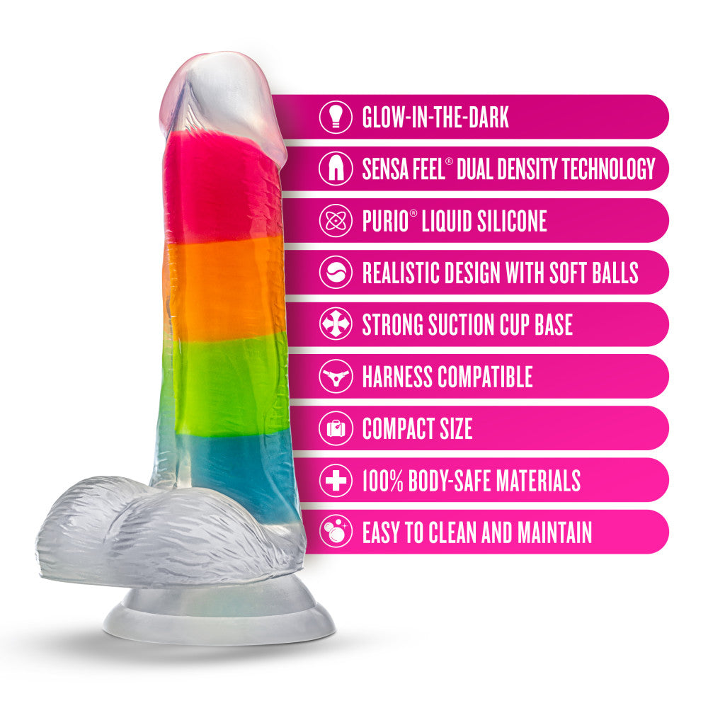 Neo Elite By Blush® | Rainbow Rave - 6.5 Inch Glow-In-The-Dark Dildo - Dual Density Liquid Silicone – Harness Compatible - Rainbow、mySite、bottomscart