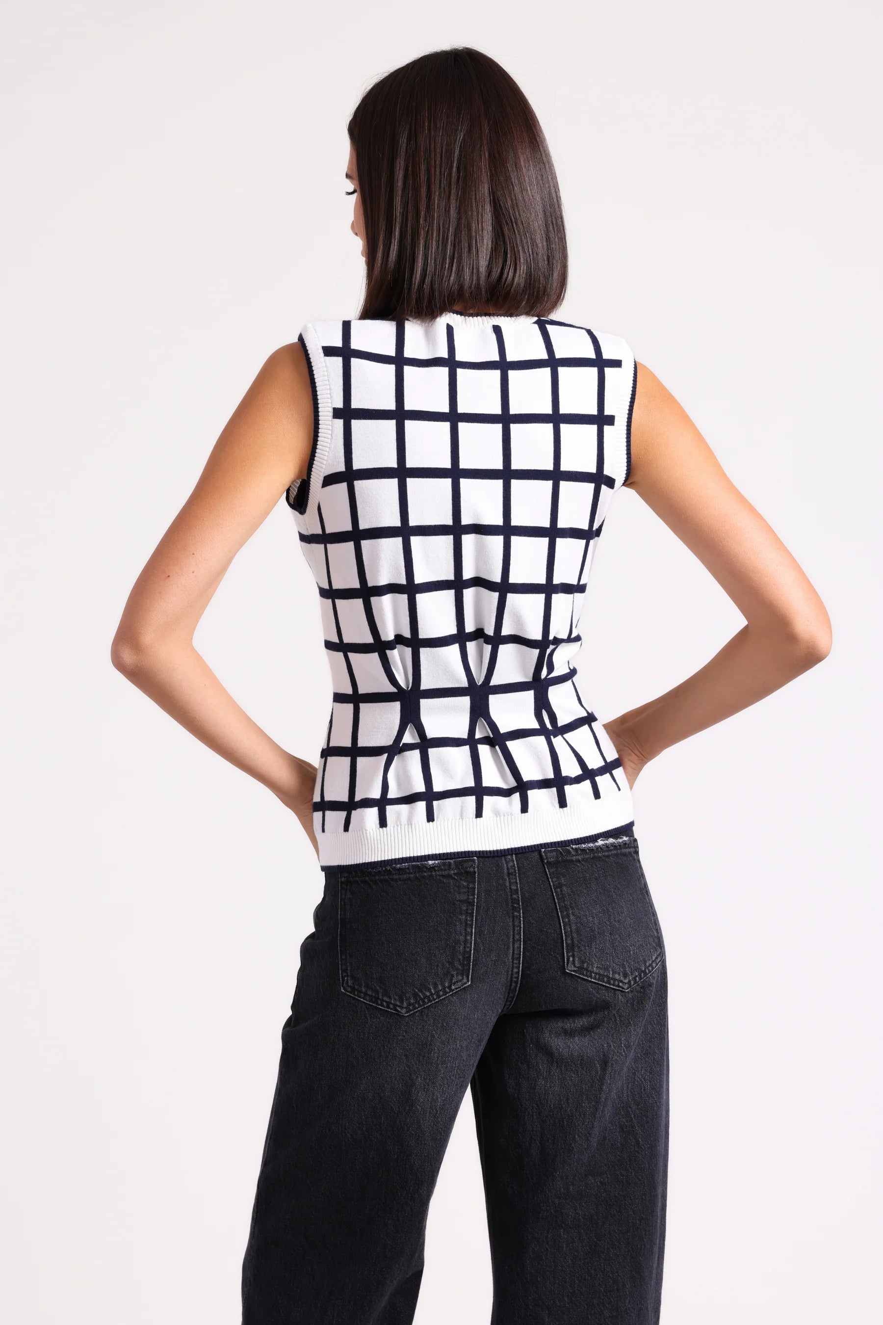 Minnie Rose Windowpane Pleated Sleeveless Top - Final Sale、mySite、noshort
