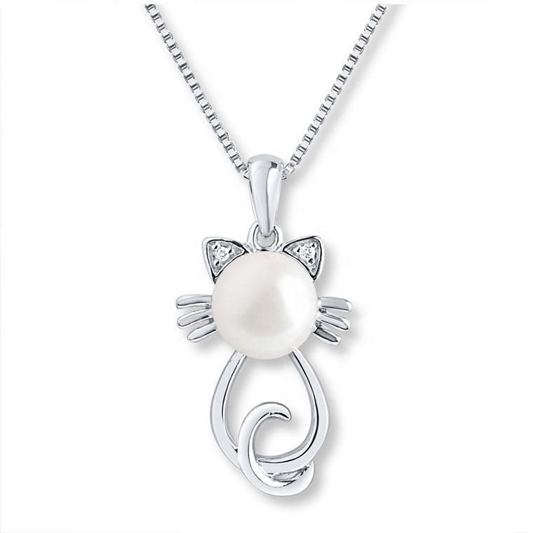 Beautiful Pearl Cat Jewelry Sterling Silver Necklace、mySite、g9winljtr