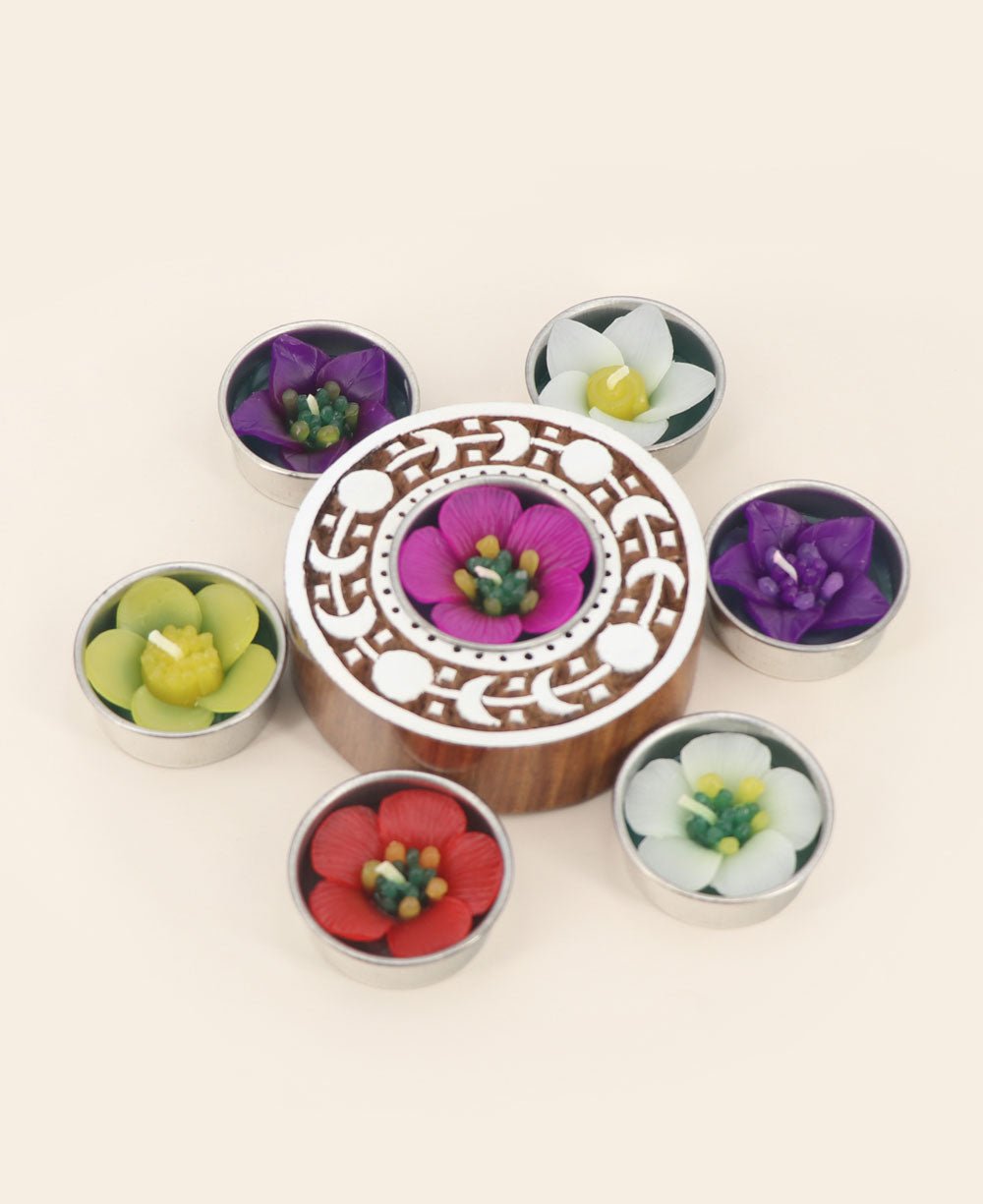 Indian Rosewood Moon Phase Tea-light Holder with Floral Tea-lights、mySite、topwebapps